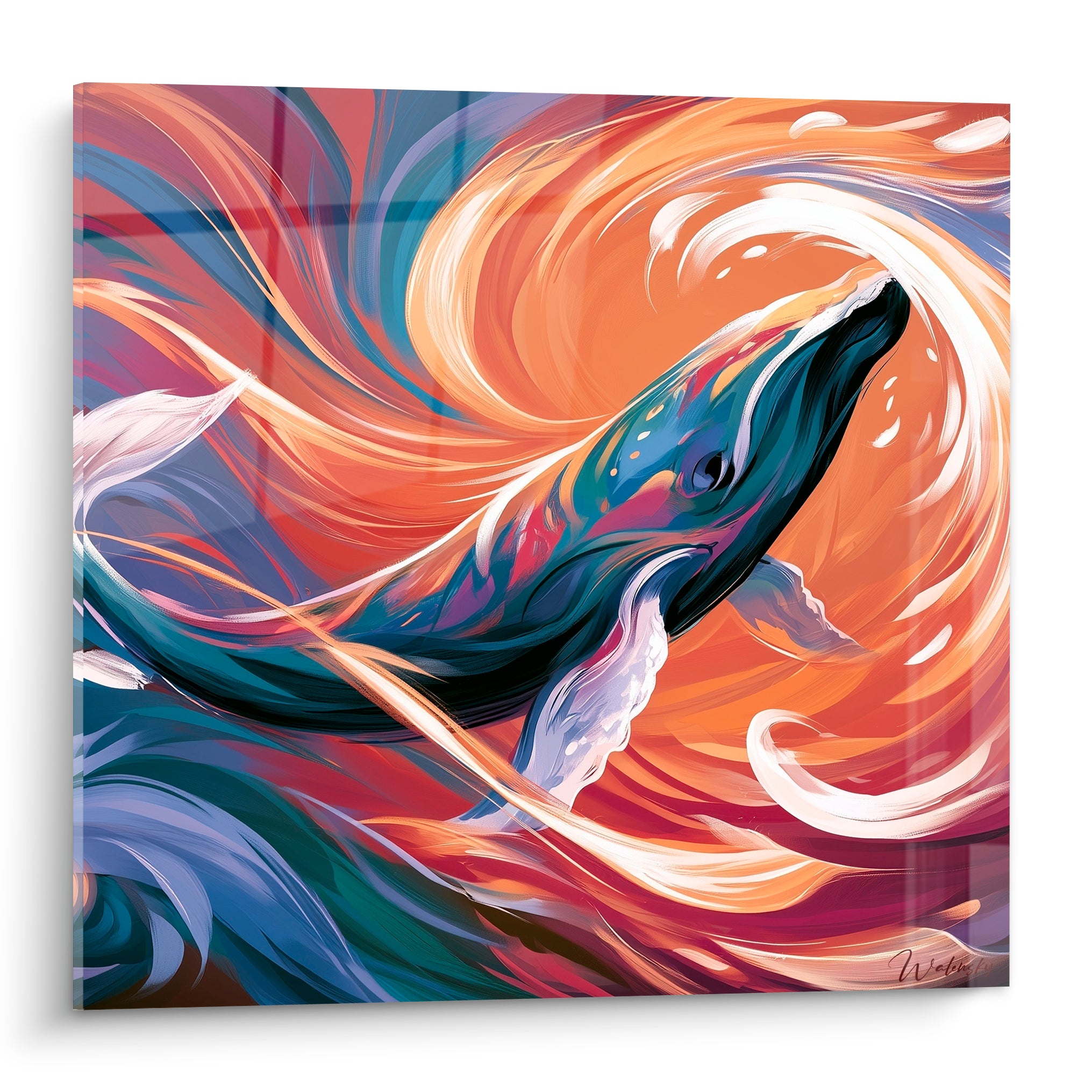 Baleine bleu sarcelle et violet plongeant dans un tourbillon orange incandescent, style pictural abstrait