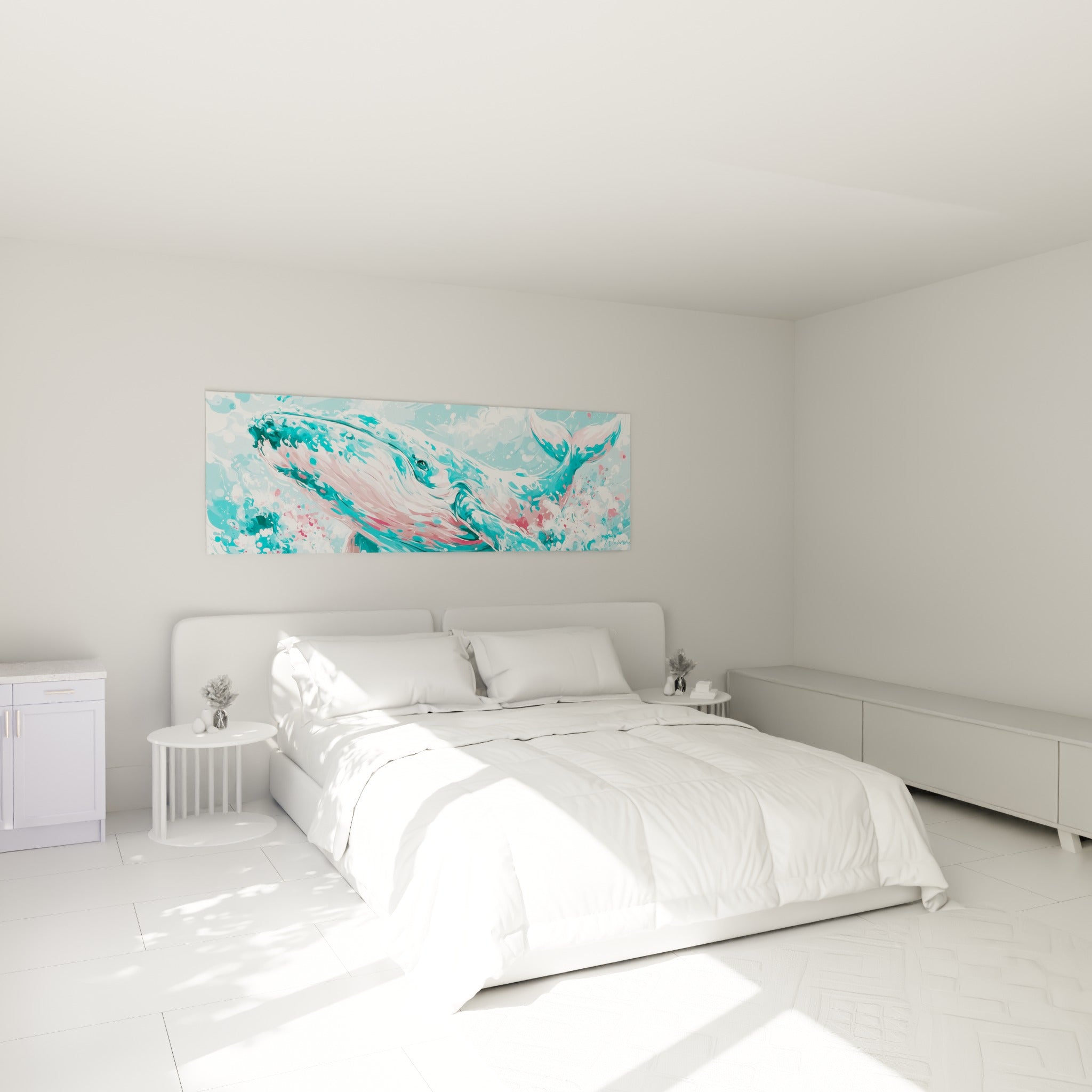 Cétacé bleu-vert et rose jaillissant de l'écume, accroché au-dessus d'un lit dans une chambre claire
