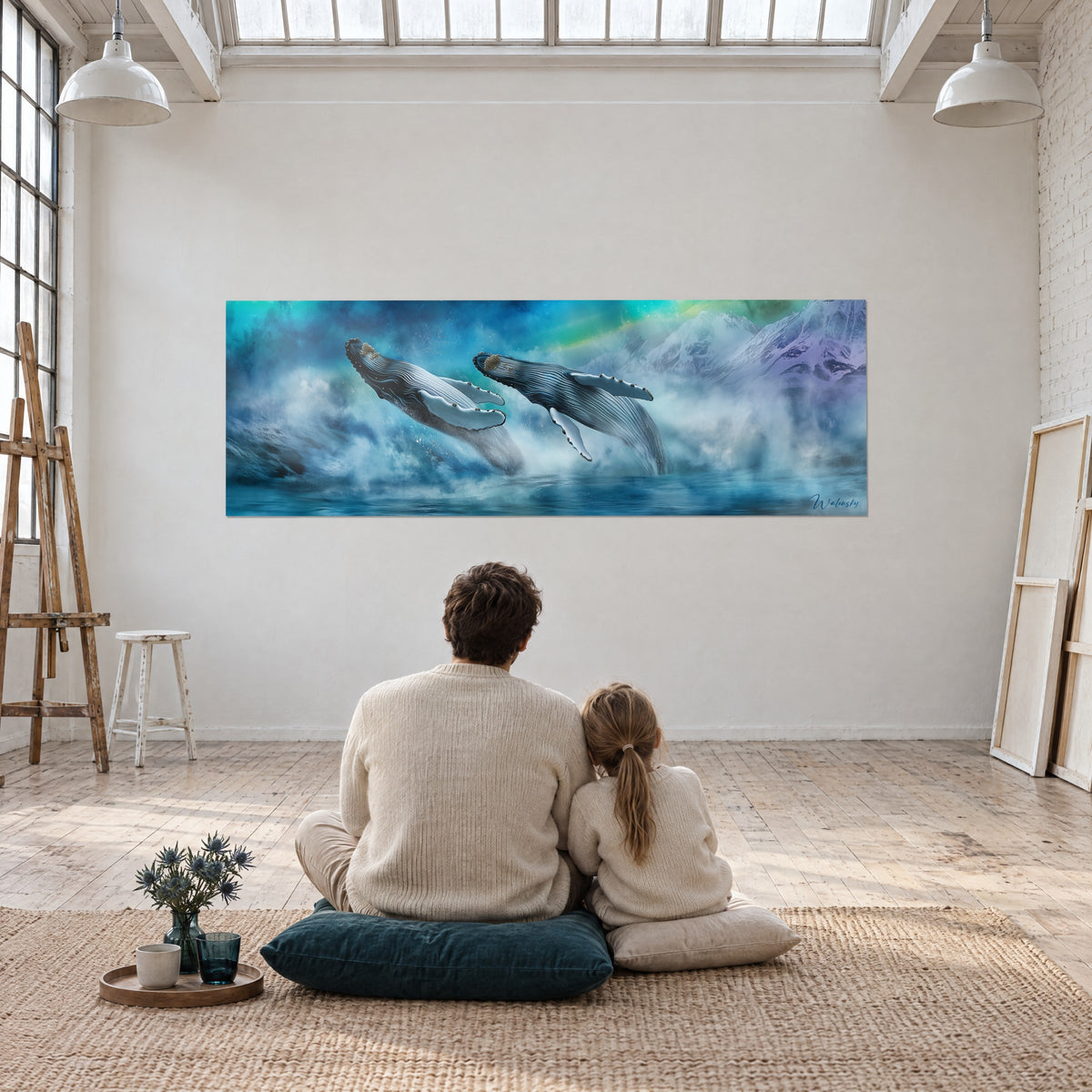 Cuadro de un ballet de ballenas sobre glaciares malva y rocío azul glaciar, un padre y su hija de espaldas, gran loft