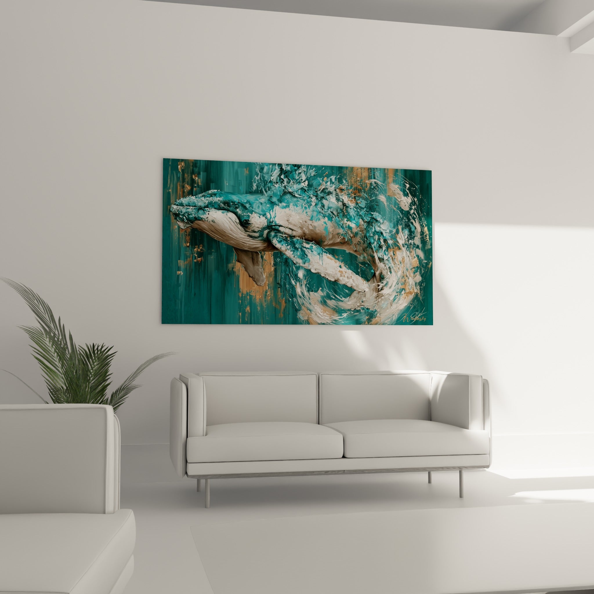 Plongée gracieuse de la baleine dorée et turquoise au-dessus d'un canapé dans un salon lumineux