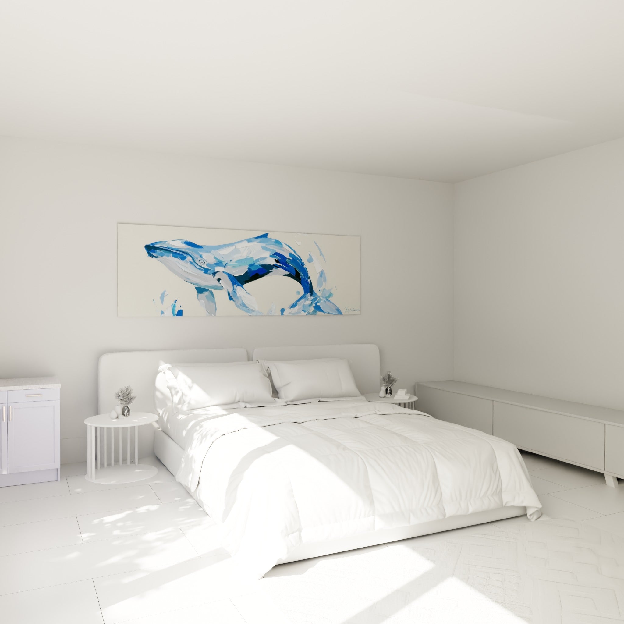 L'animal marin bleu marine et blanc jaillit de l'écume au-dessus d'un lit dans une chambre claire