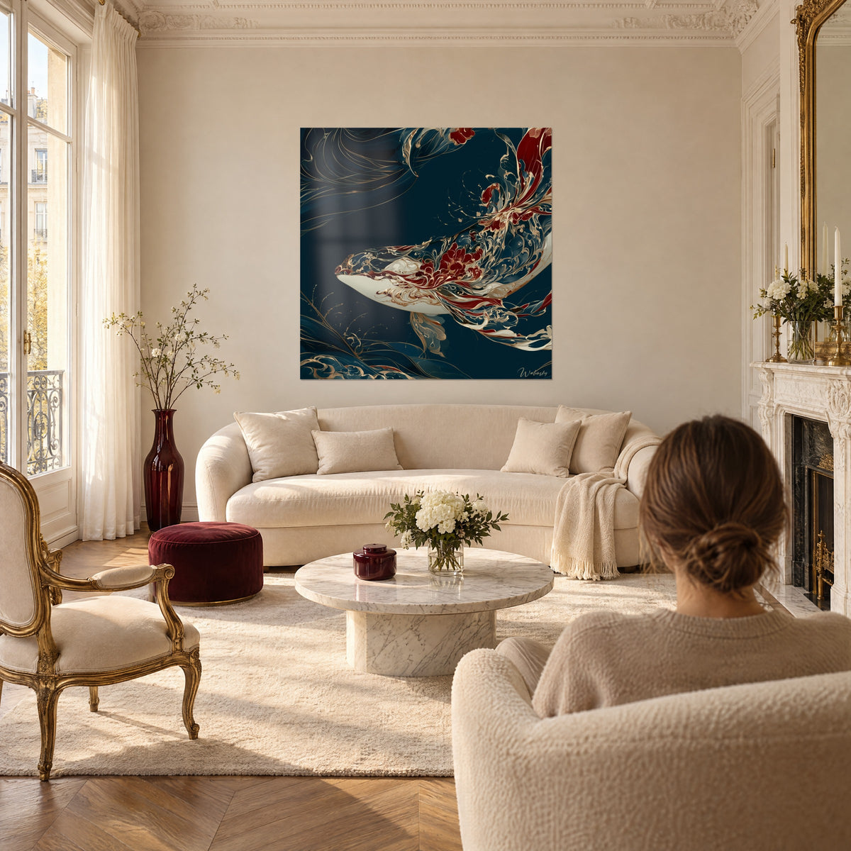 Gemälde Wal mit blühenden Arabesken in Gold auf marineblauem und karminrotem Grund, über einem Sofa in einem hellen Wohnzimmer