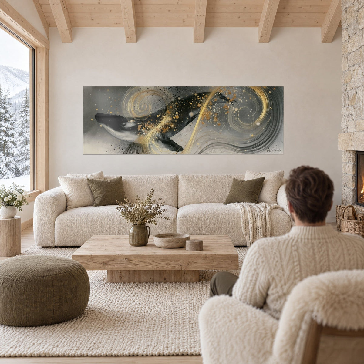 Schilderij bultrug zwart en wit in gouden spiralen, parelgrijs, koppel van achteren boven een bank in een lichte woonkamer
