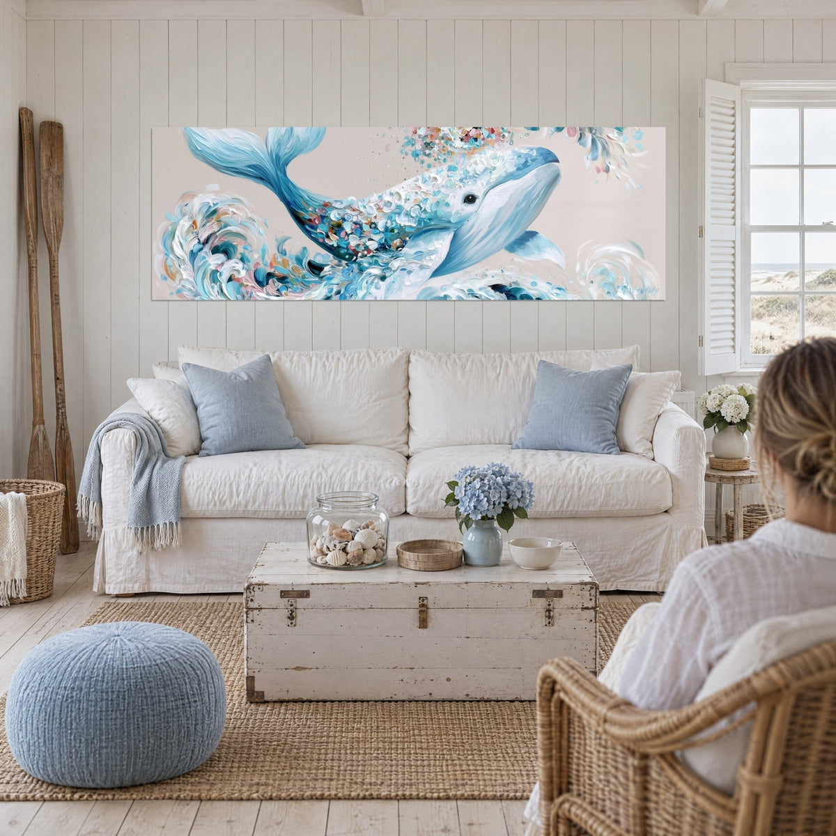 Quadro balena azzurra con pennellate spesse, schiuma bianca e rosa, due donne di spalle sopra un divano in un soggiorno luminoso