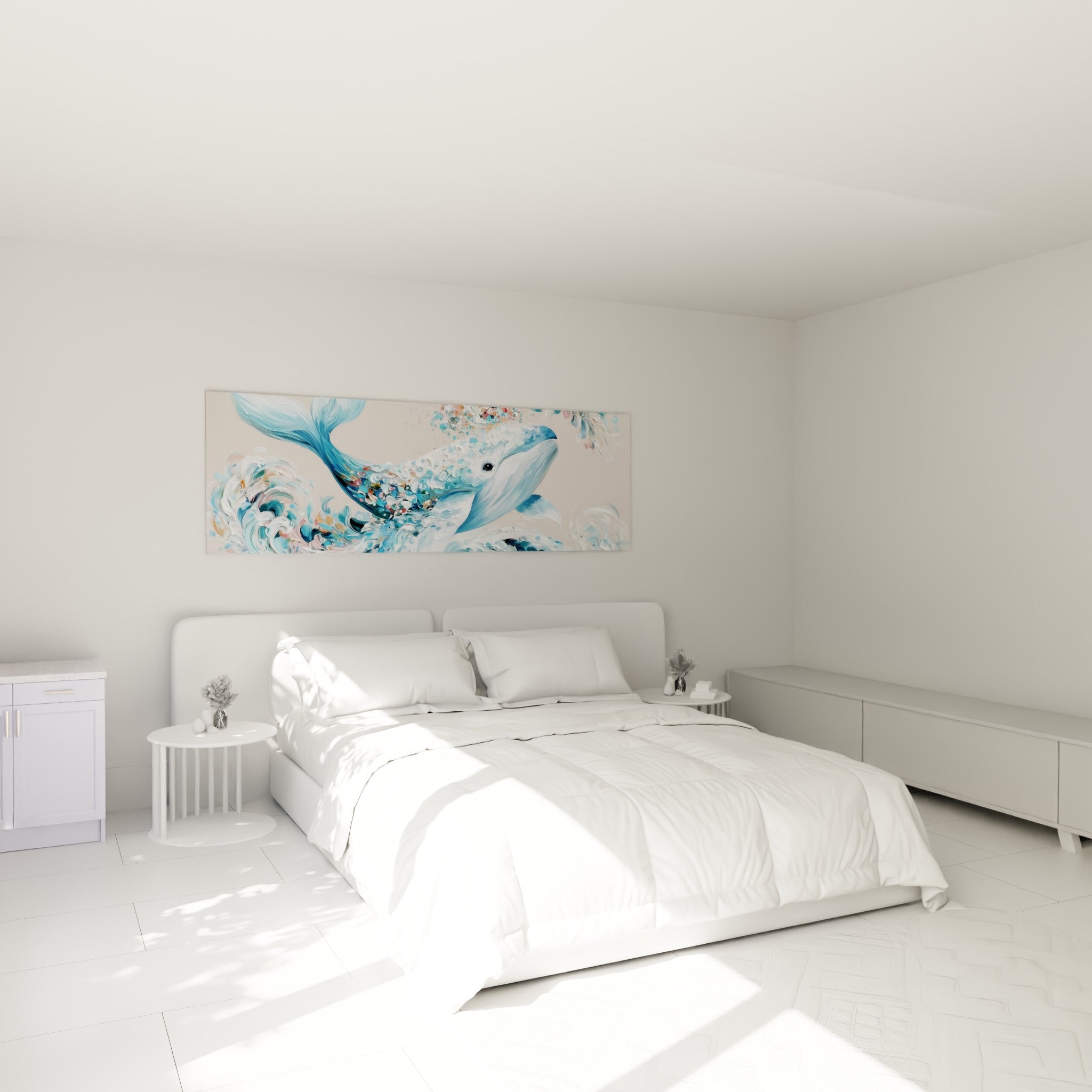 Museau levé de la baleine aux touches terracotta, accroché au-dessus d'un lit dans une chambre claire