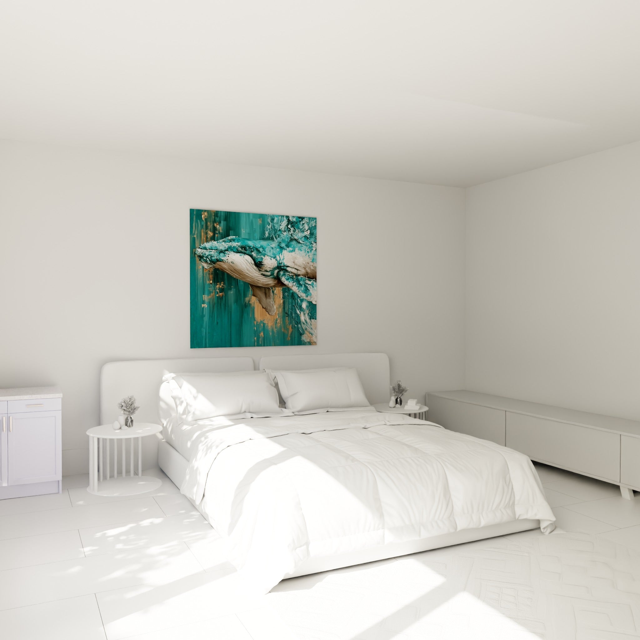 Géant marin turquoise et crème aux reflets cuivrés, accroché au-dessus d'un lit dans une chambre claire