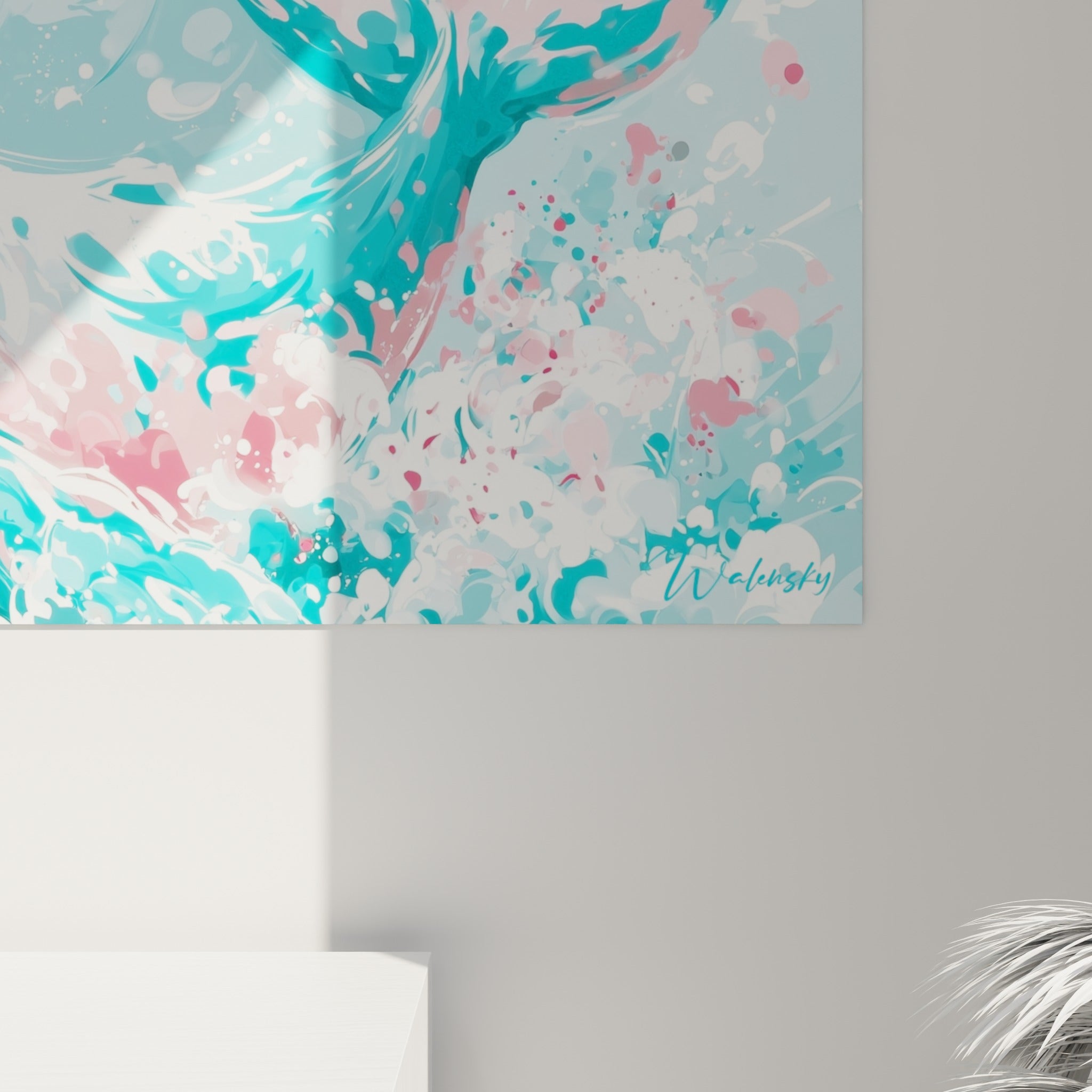 Empâtements turquoise et coulures roses se mêlant dans l'écume peinte, visibles en gros plan sur la toile