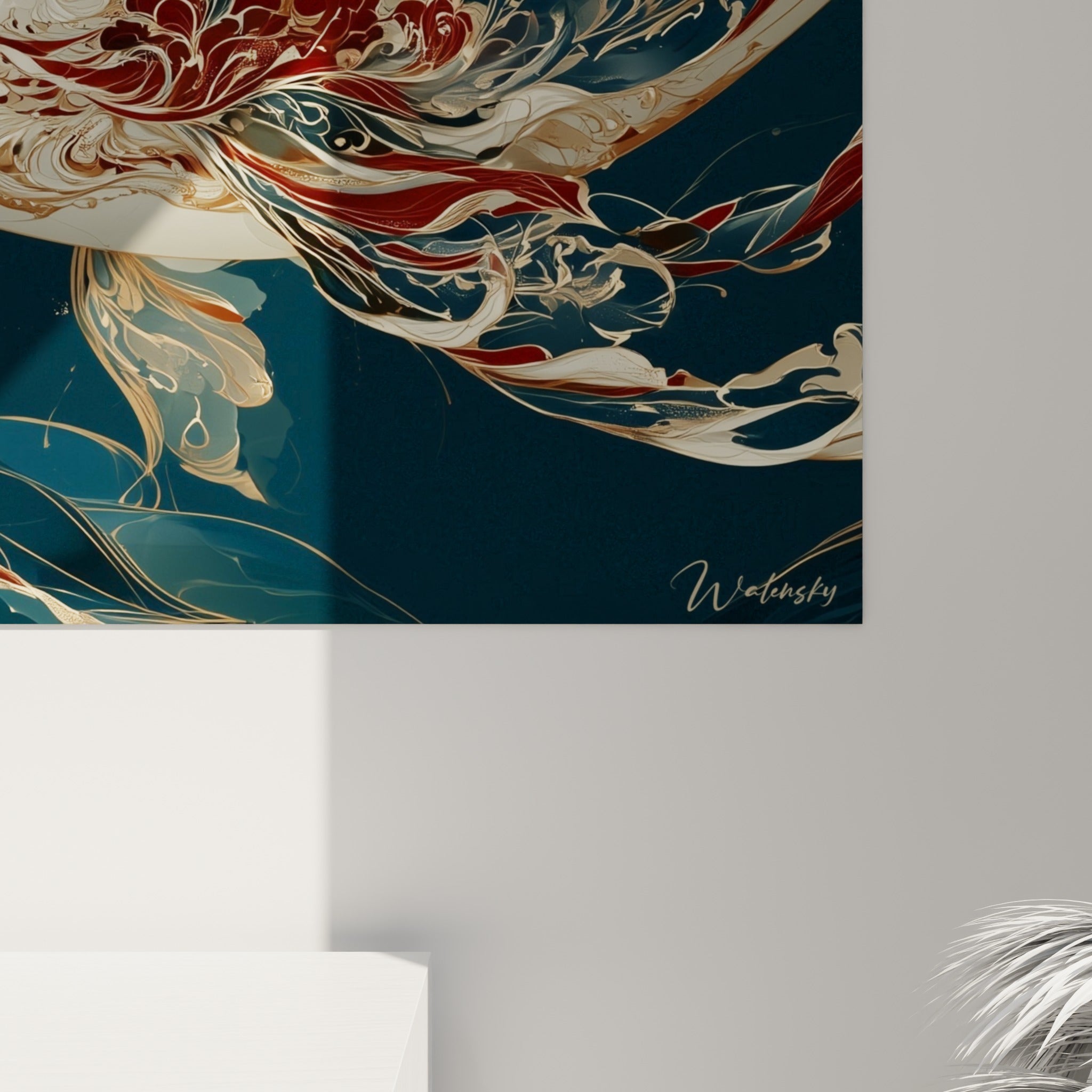 Empâtements dorés et coulures rouges se mêlant au bleu marine dans les détails de cette œuvre