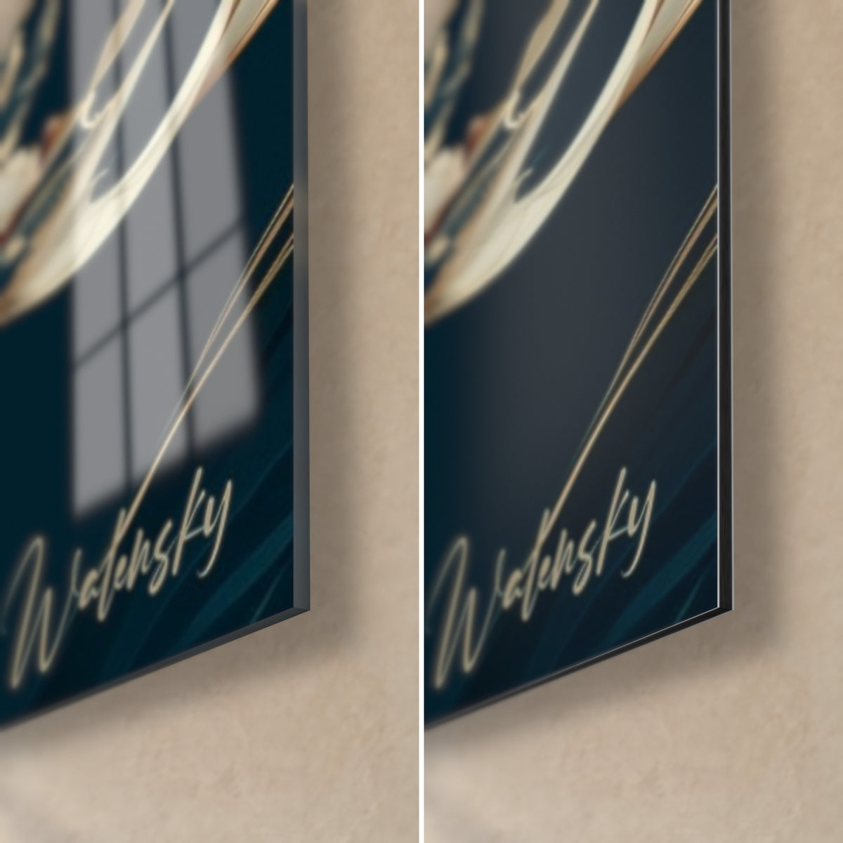 Gemälde Wal mit goldenen Voluten auf Nachtblau, untere rechte Ecke: glänzendes Acrylglas und matt gebürstetes Dibond-Aluminium, 3 mm Stärke