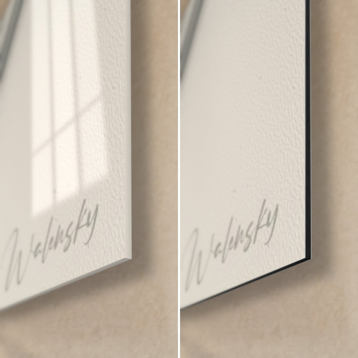 Schilderij walvis antraciet en goud, rechtsonder hoek: glanzend acrylglas links, mat Dibond rechts, 3 mm rand