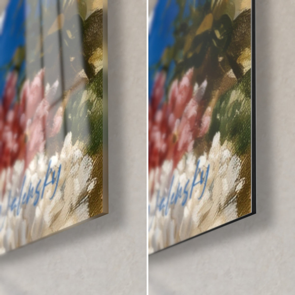 Tableau baigneuse des mers, corail rose et rouge, algues vertes et signature bleue, coin bas droit en verre brillant et Dibond mat