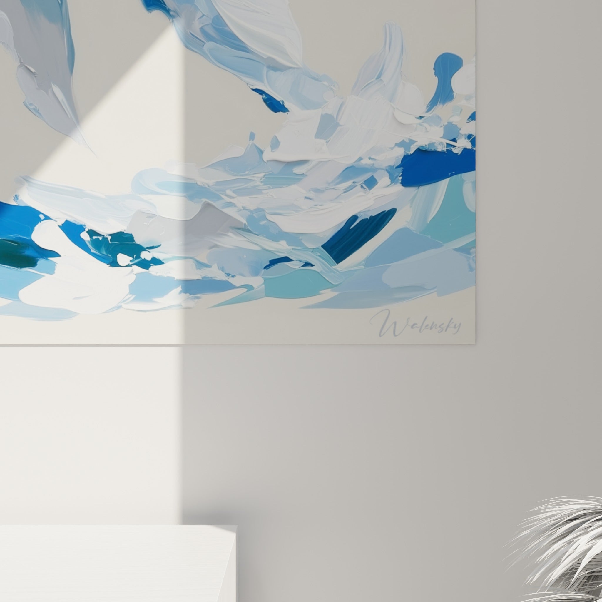 Empâtements bleu marine et blancs visibles de près, matière texturée de la baleine peinte au couteau