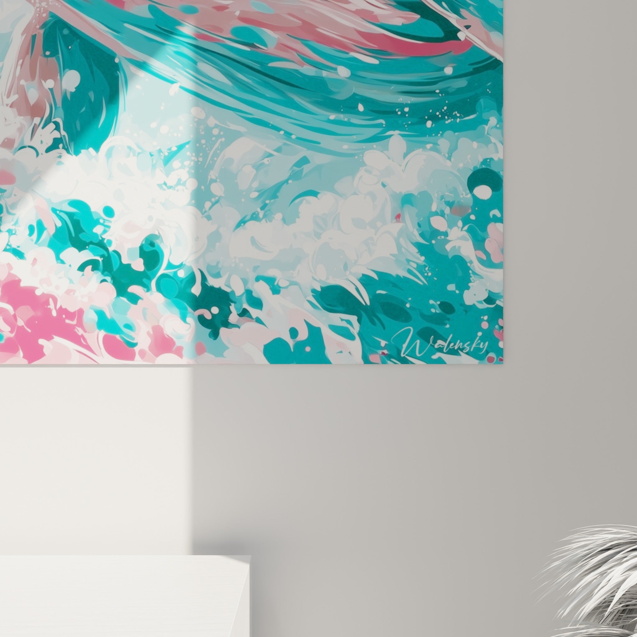 Empâtements de peinture bleu turquoise et rose poudré révélant la matière granuleuse de l'impression