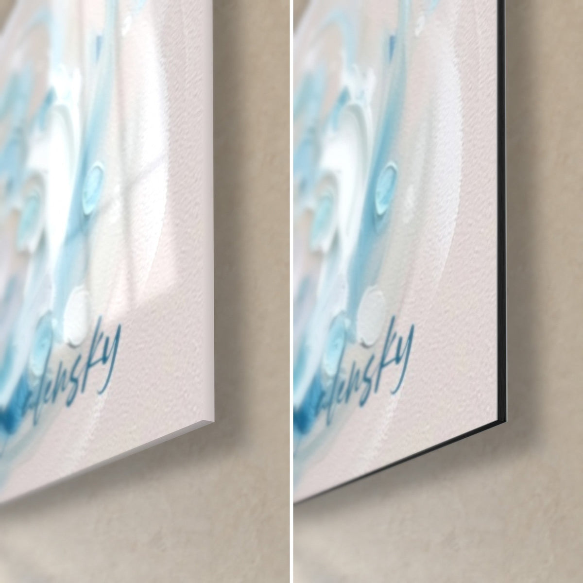 Quadro Balena in pittura spessa azzurra e bianca, firma Walensky, angolo di vetro lucido e Dibond nero opaco, spessore 3 mm