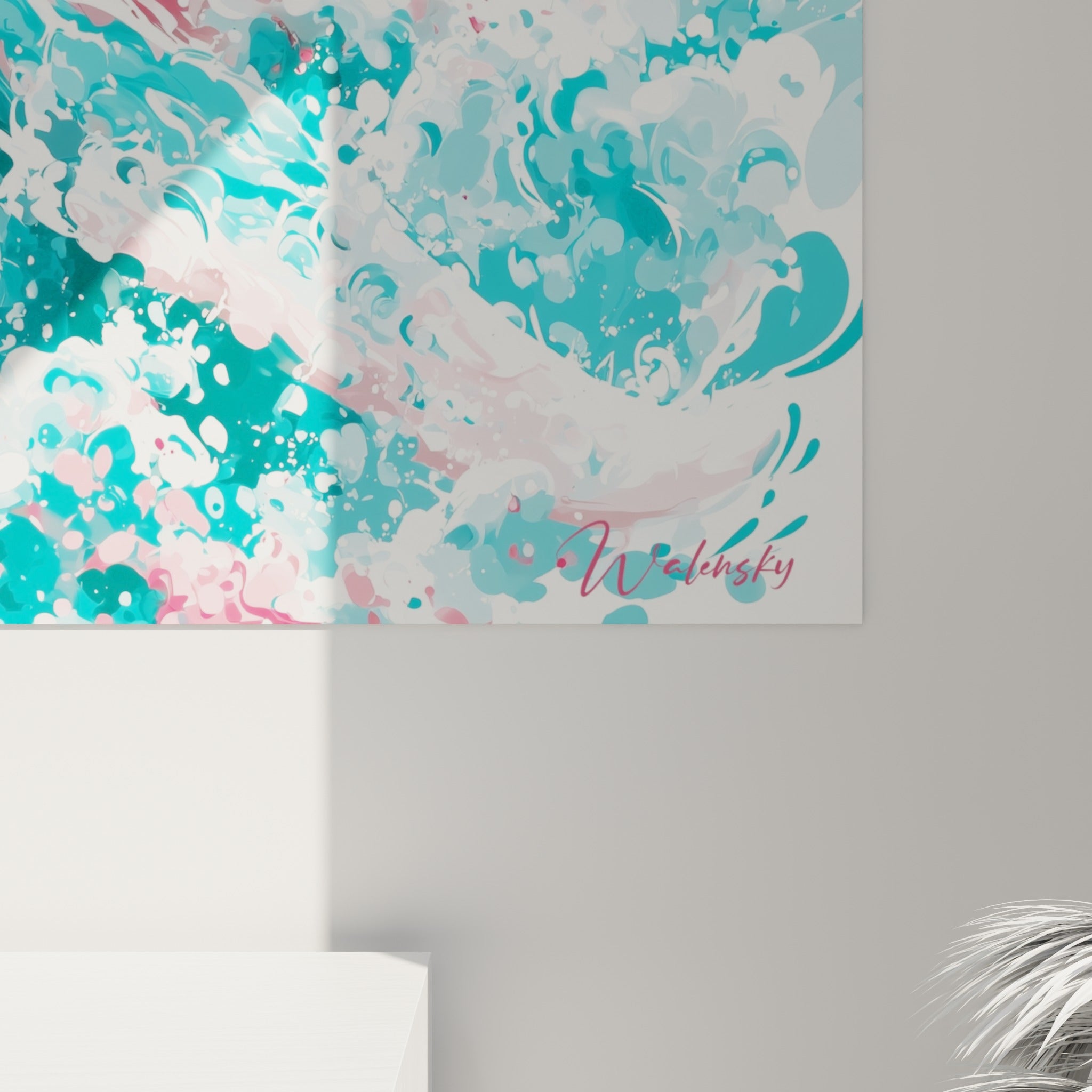 Détail des empâtements turquoise et roses sur le corps de la baleine, matière fluide façon aquarelle
