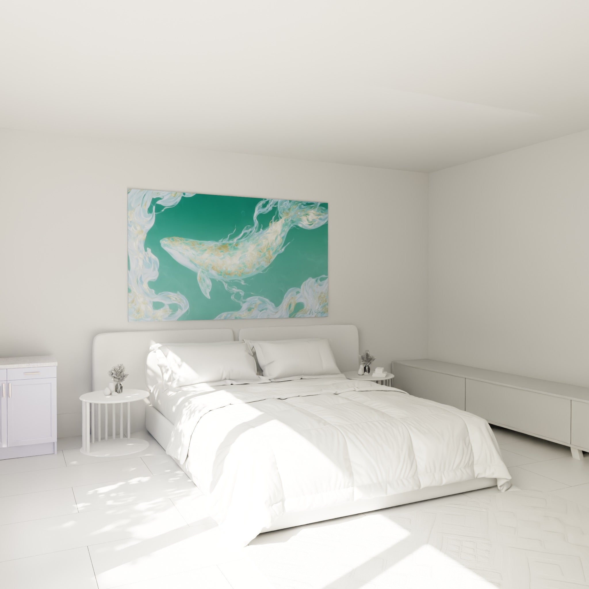 Cétacé aux reflets dorés et turquoise flottant au-dessus d'un lit dans une chambre claire