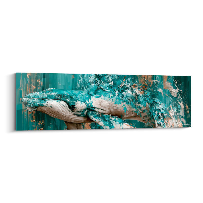 Tableau Baleine turquoise et doré éclaboussures picturales - Émergence océanique - Edition Baleine