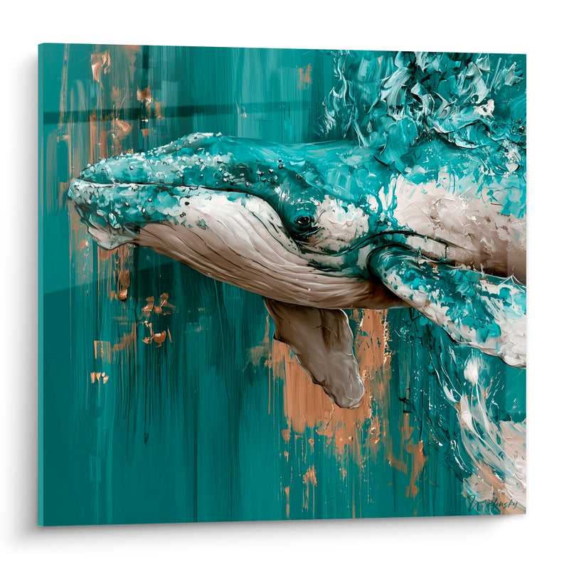 Tableau Baleine sillons turquoise et doré cuivré - Surgissement des profondeurs - Edition Baleine