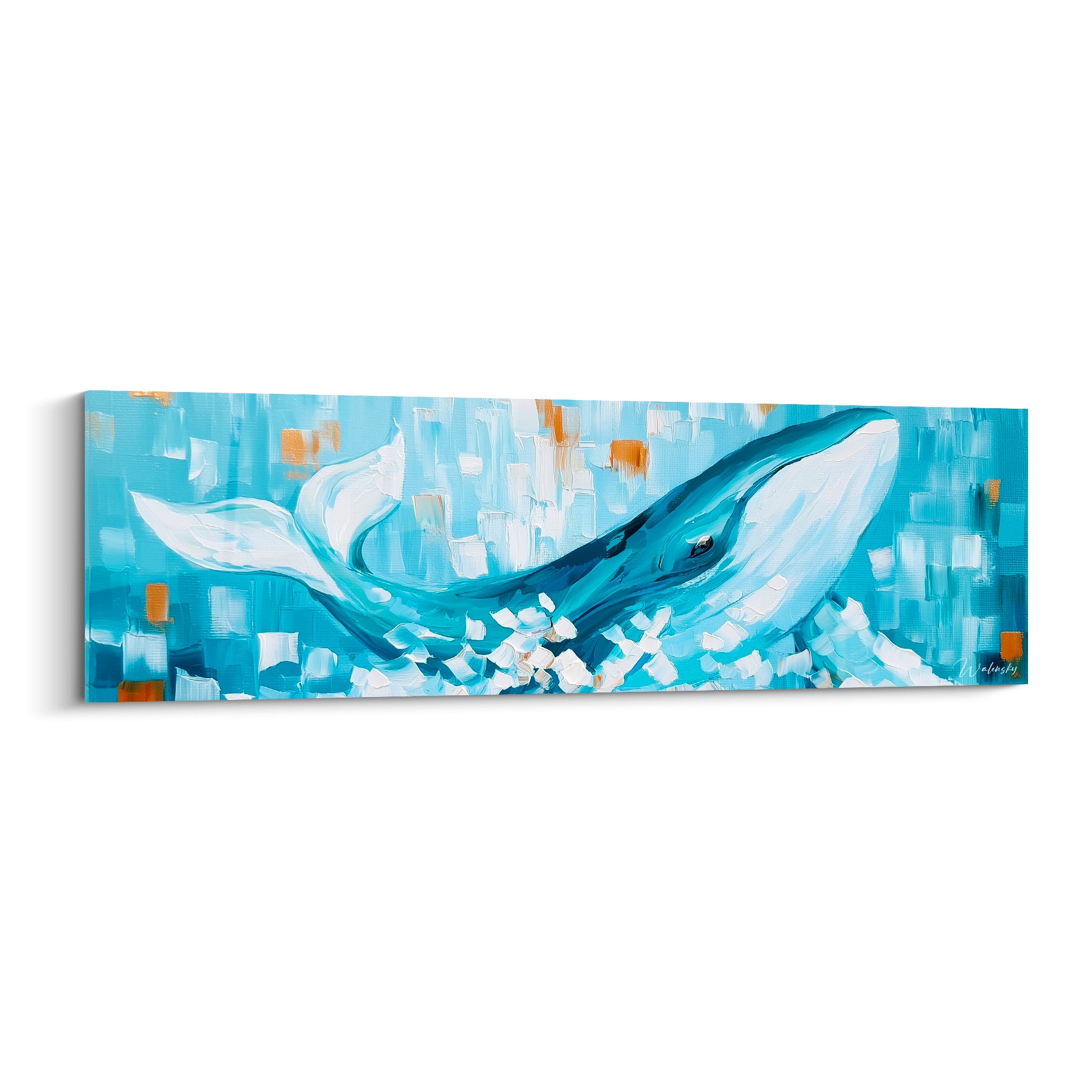 Baleine turquoise et blanche nageant, touches d'ocre doré, peinture au couteau texturée