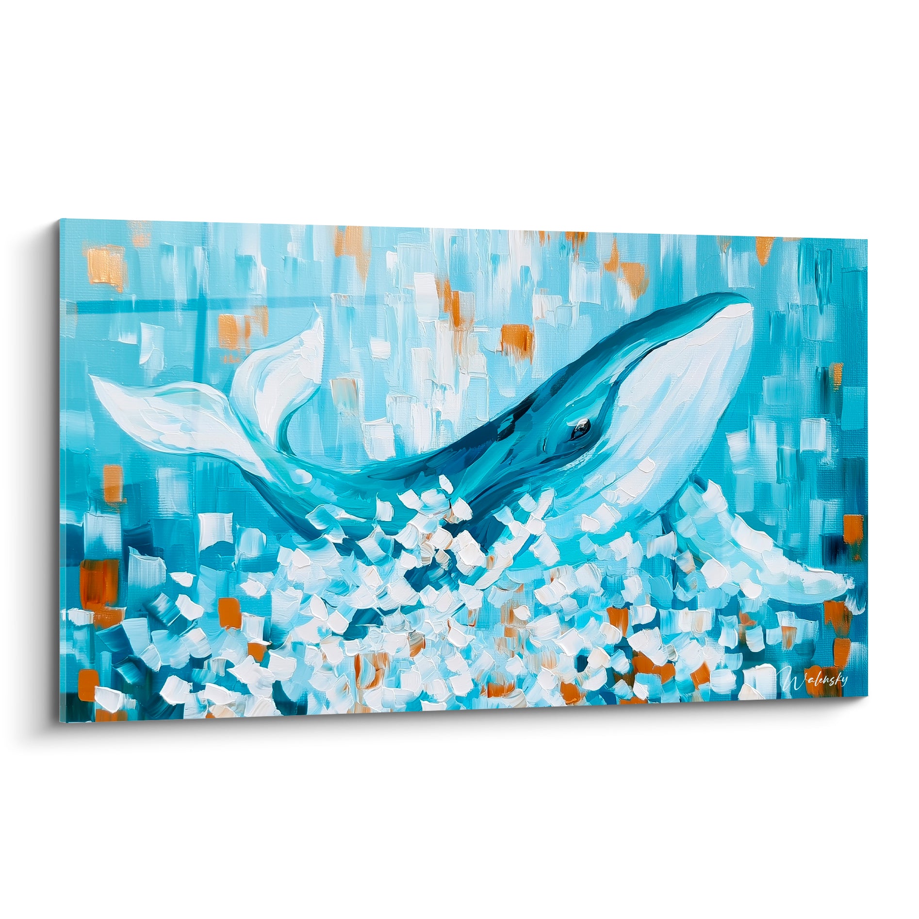 Baleine turquoise et blanche jaillissant dans une écume peinte au couteau avec éclats dorés