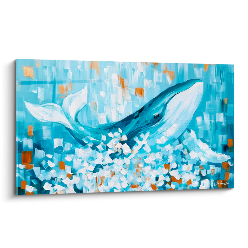 Tableau Baleine bleu turquoise et touches dorées éclaboussures - Envol des profondeurs - Edition Baleine