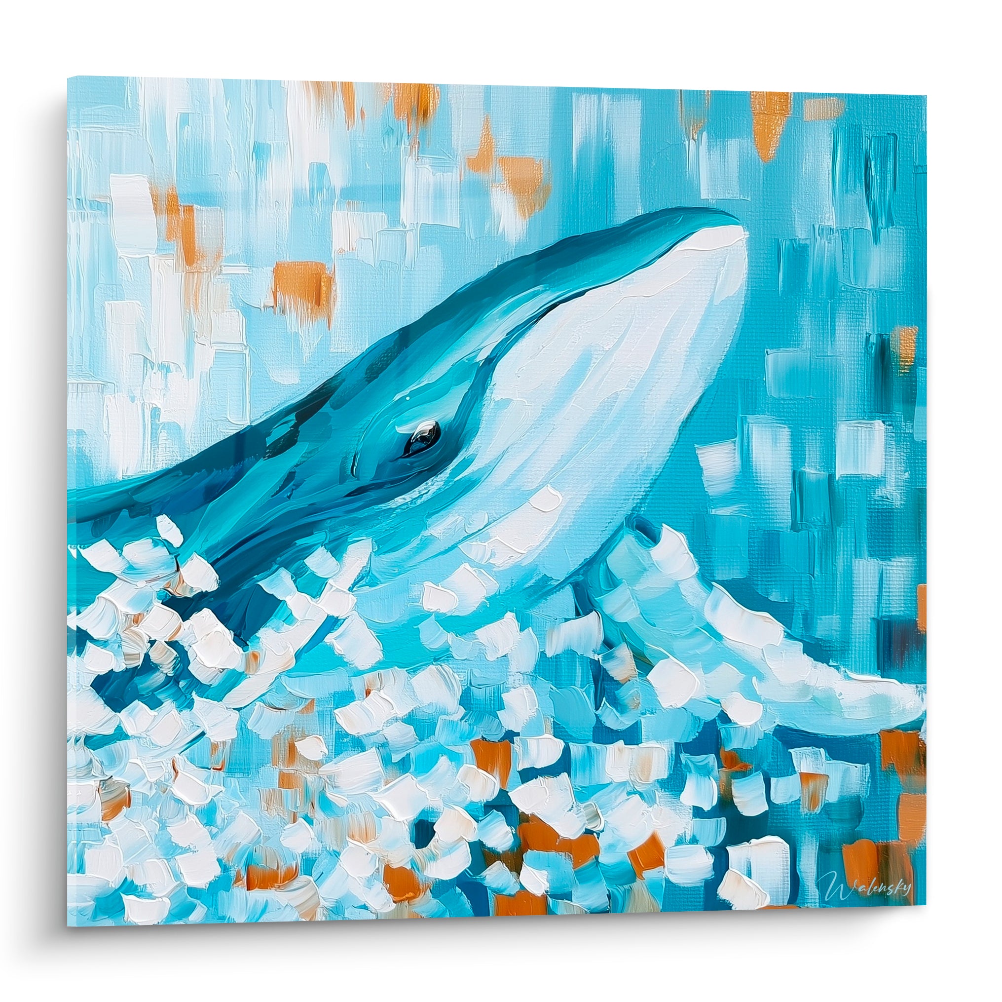 Baleine bleu turquoise et blanc nacré émergeant, touches ocre dorées, texture peinte au couteau