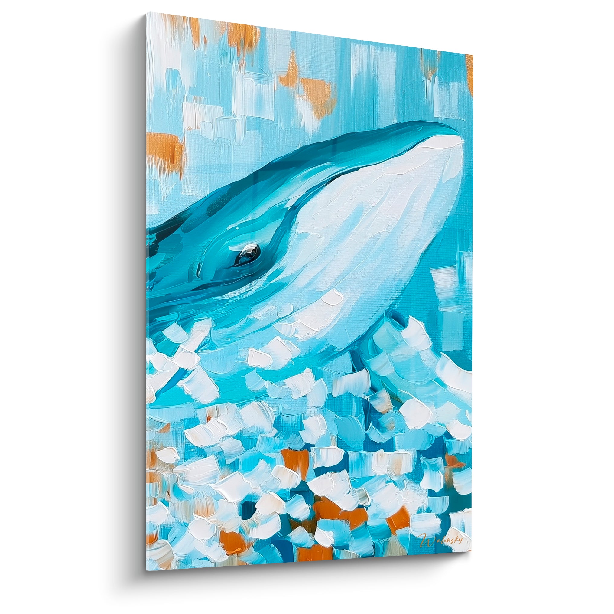 Baleine turquoise et blanche émergeant des flots, empâtements épais et touches dorées lumineuses