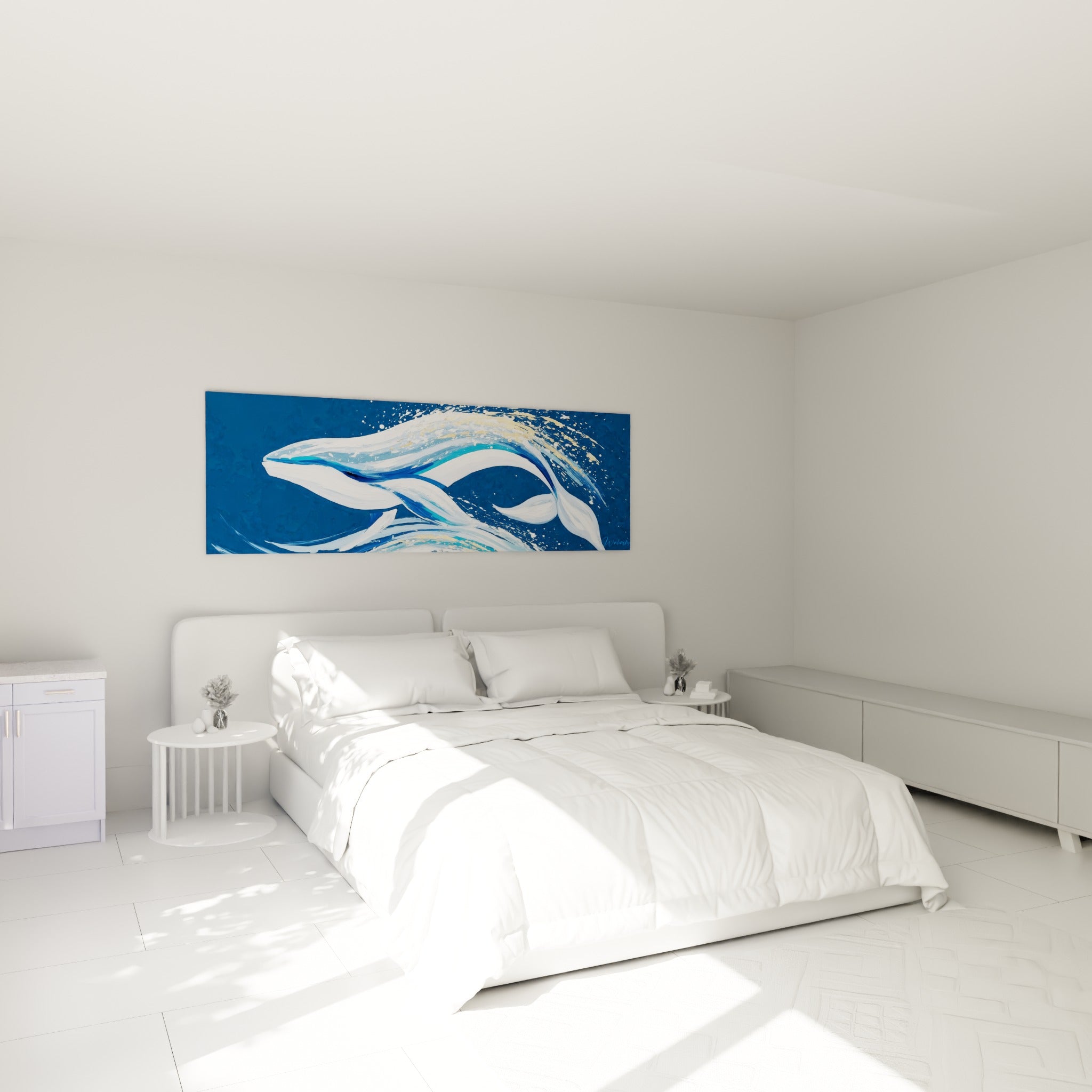 Cétacé blanc et bleu turquoise en mouvement, au-dessus d'un lit dans une chambre claire