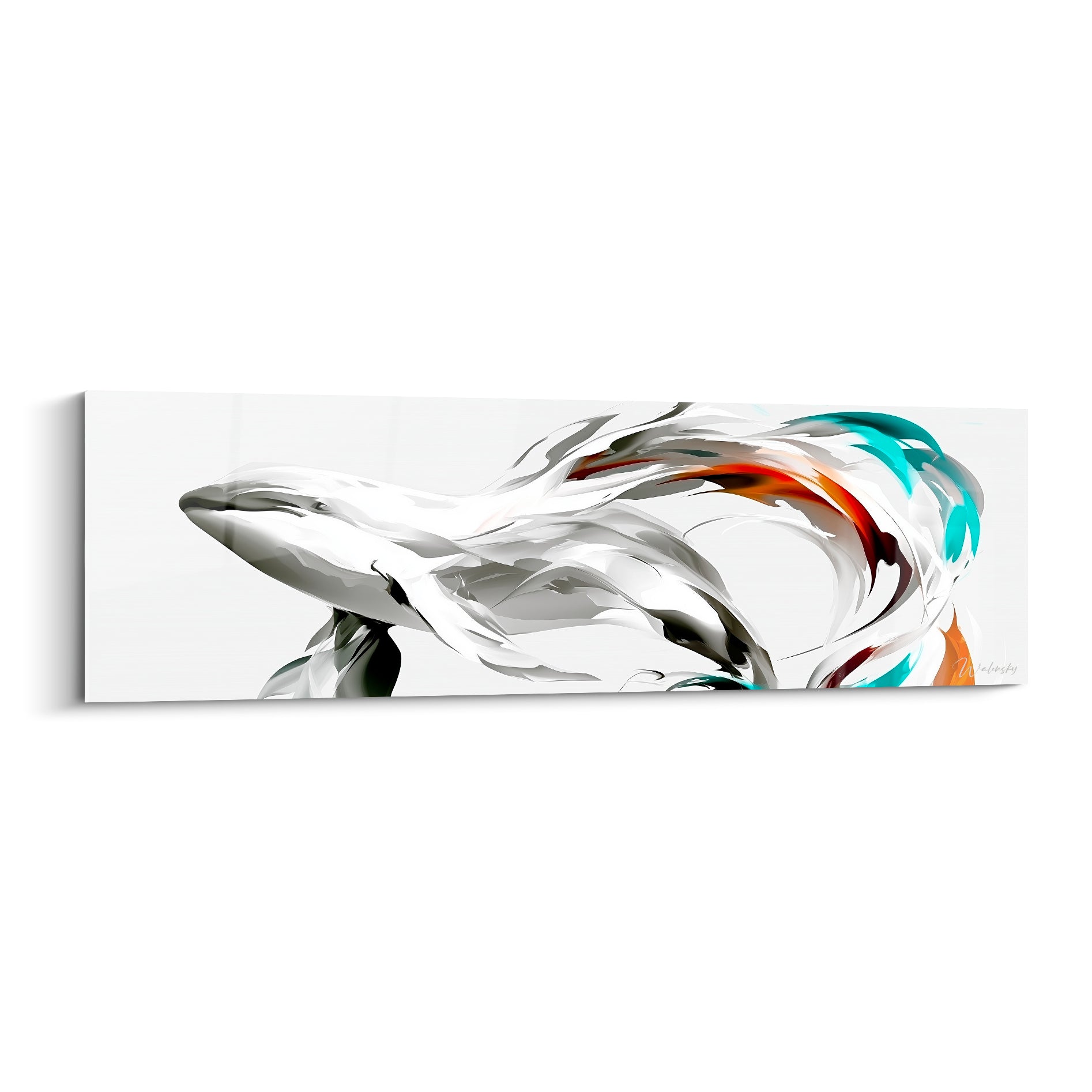 Baleine blanche et grise glissant vers un sillage turquoise et orangé sur fond clair épuré