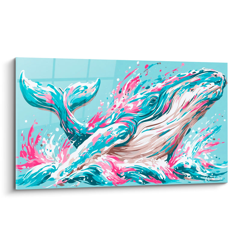 Tableau Baleine turquoise et rose queue fourchue levée - Nageoire caudale double - Edition Baleine