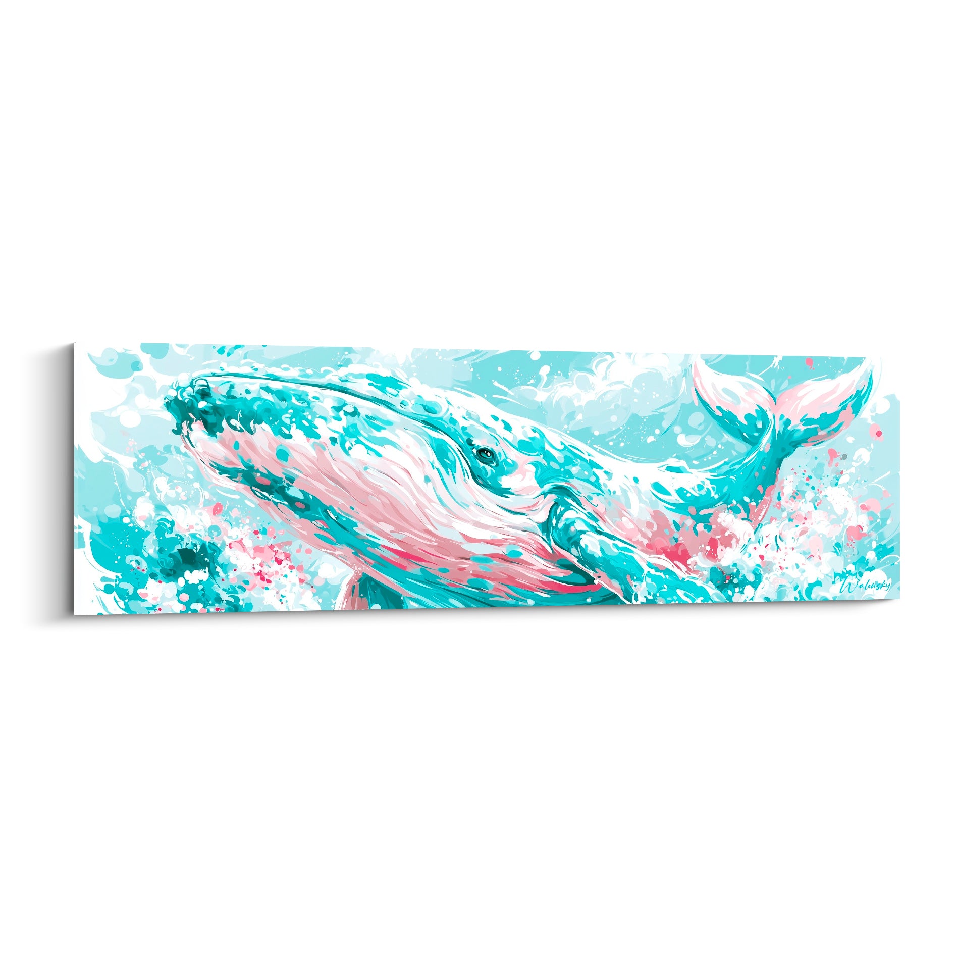 Baleine turquoise et rose surgissant des flots, éclaboussures blanches en pleine toile panoramique
