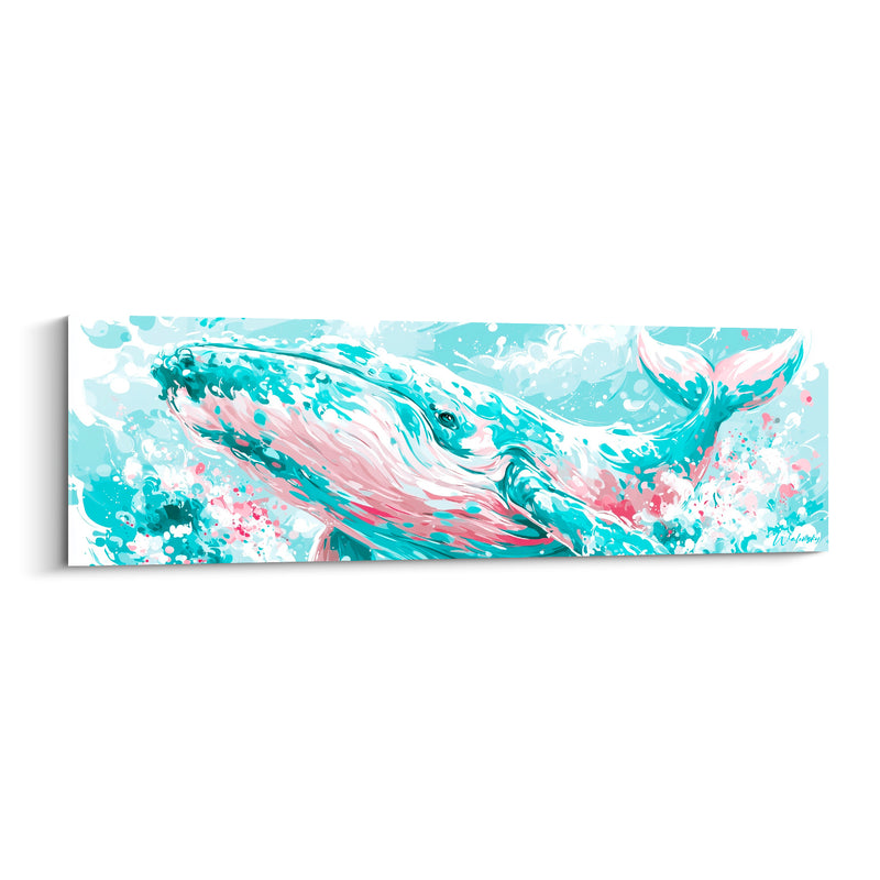 Tableau Baleine turquoise et rose éclaboussures blanches nageoire - bleu marin - Edition Baleine