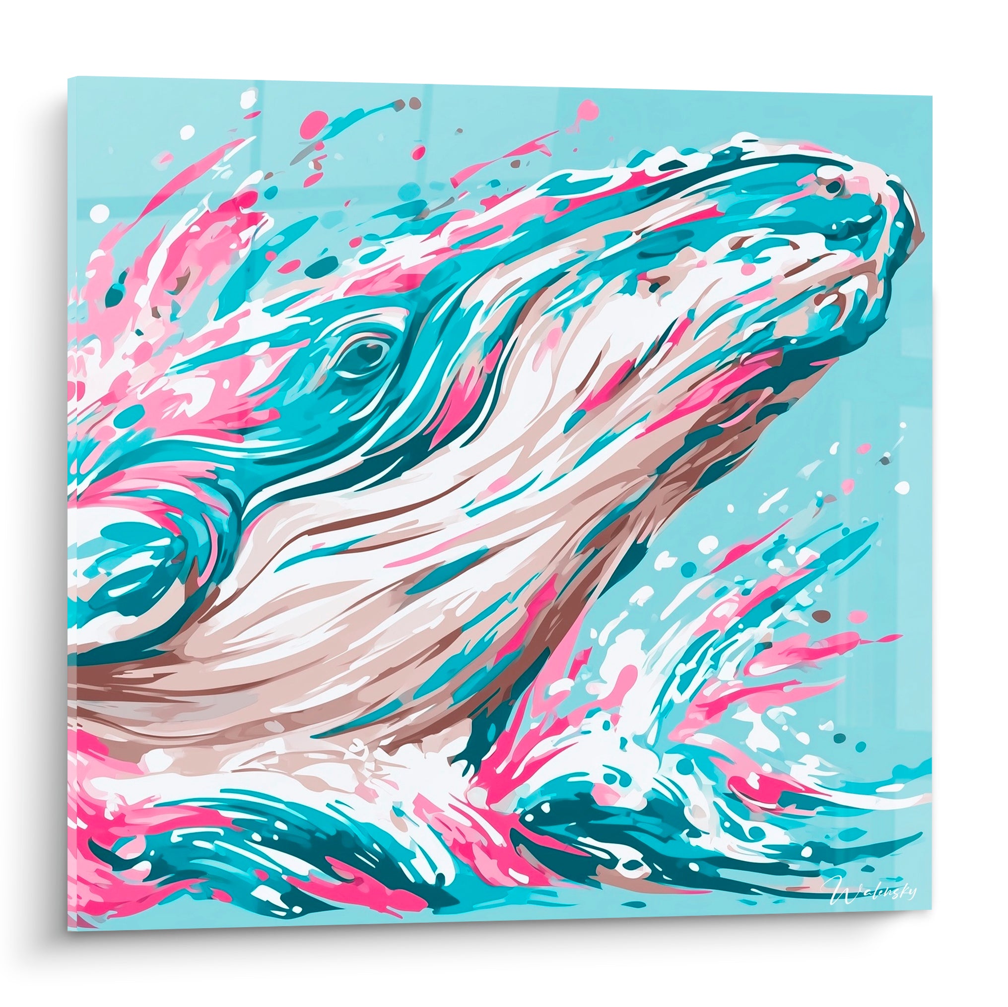 Baleine turquoise et rose fuchsia jaillissant des flots, peinture graphique aux traits vifs et fluides