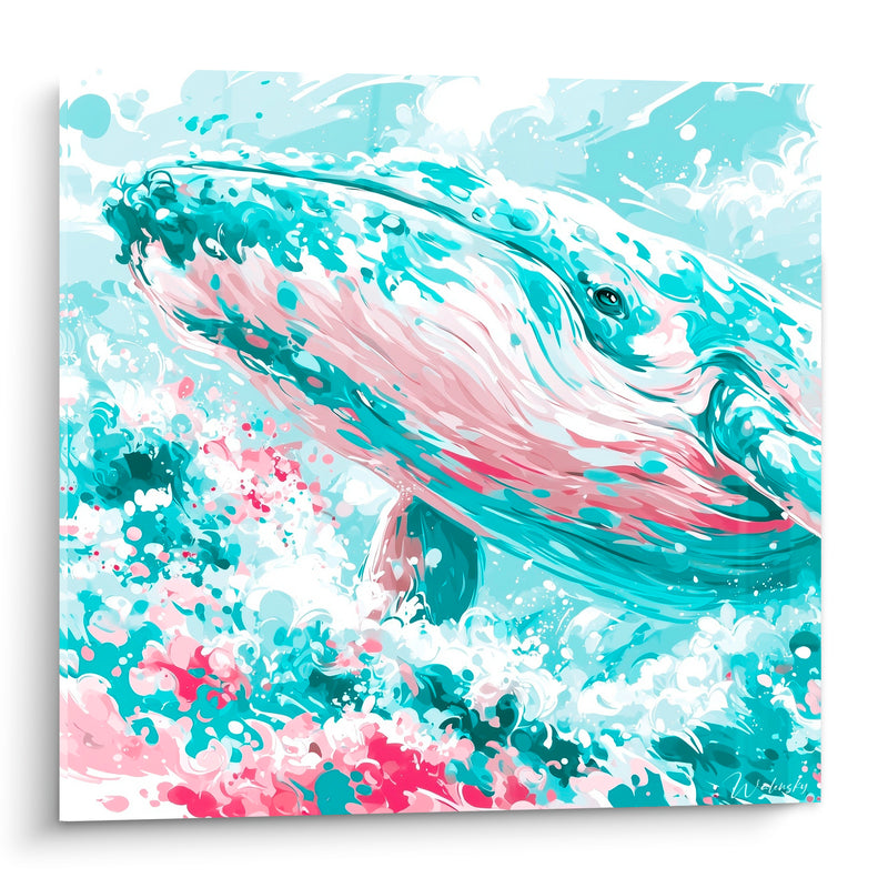 Tableau Baleine turquoise et rose éclaboussures d'écume - Envol océanique - Edition Baleine