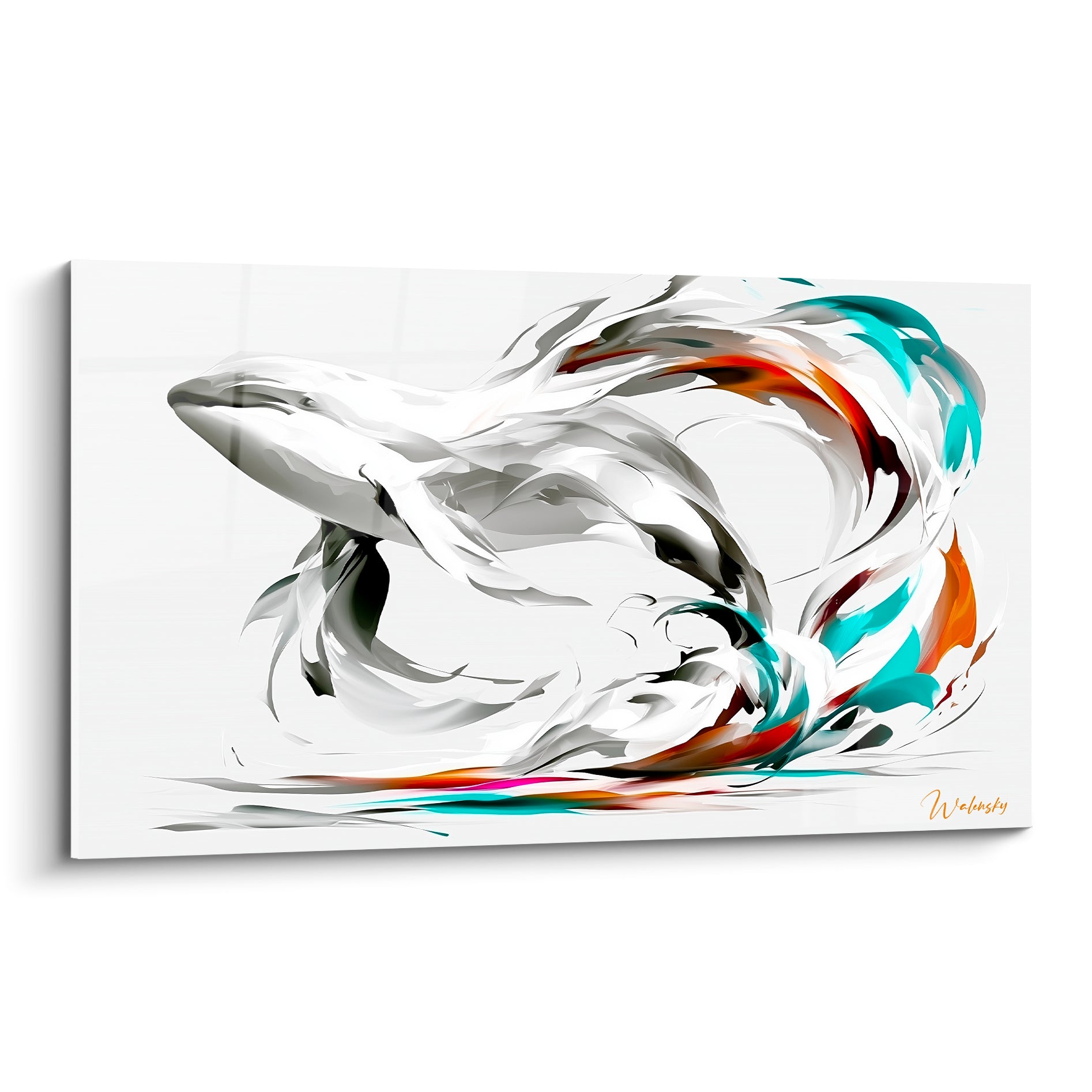 Baleine blanche en mouvement fluide, tourbillons turquoise et rouille sur fond épuré, style graphique
