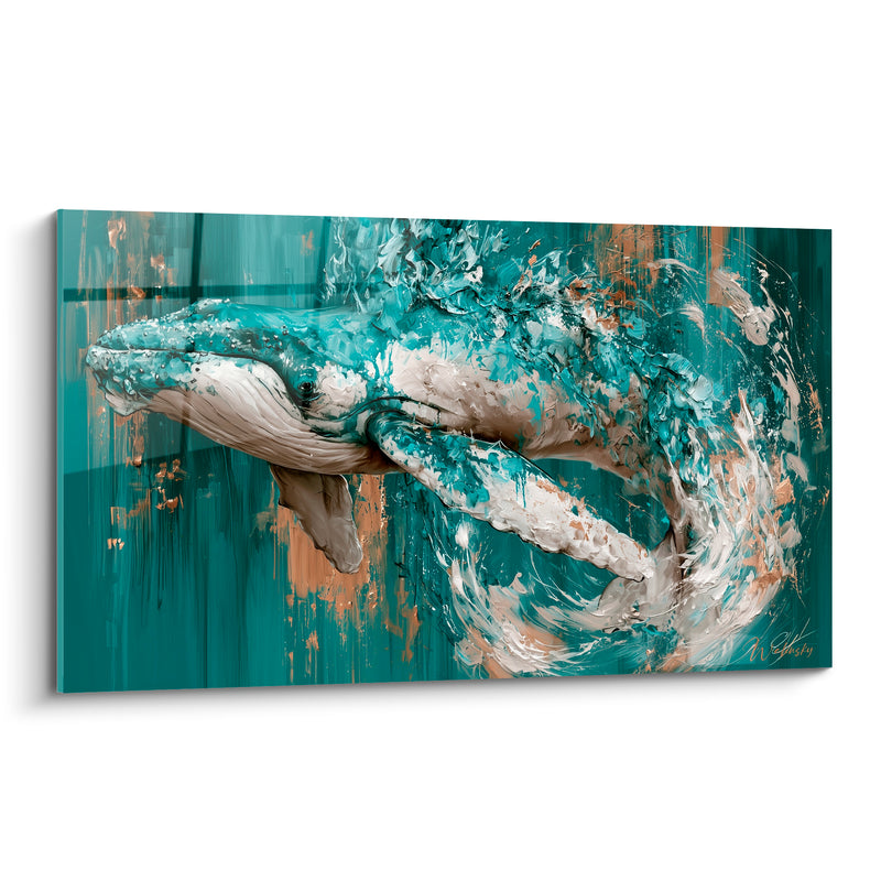 Tableau Baleine sillage turquoise et doré tourbillonnant - Tourbillon des profondeurs - Edition Baleine