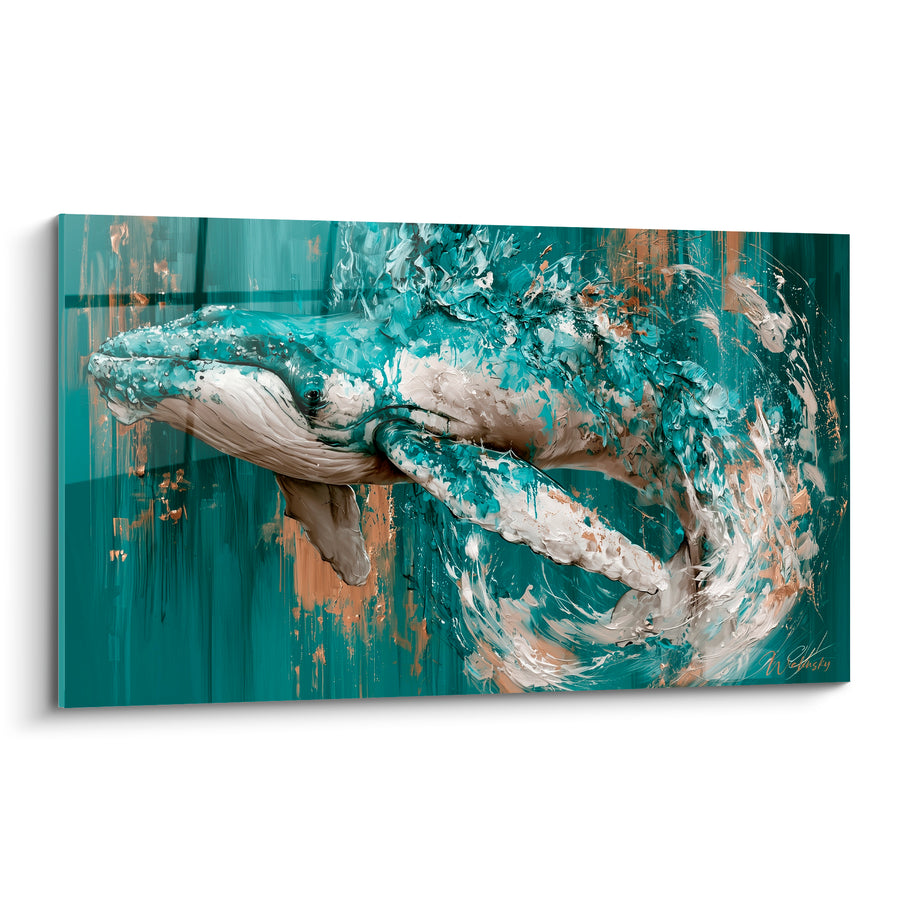 Tableau Baleine sillage turquoise et doré tourbillonnant - Tourbillon des profondeurs - Edition Baleine