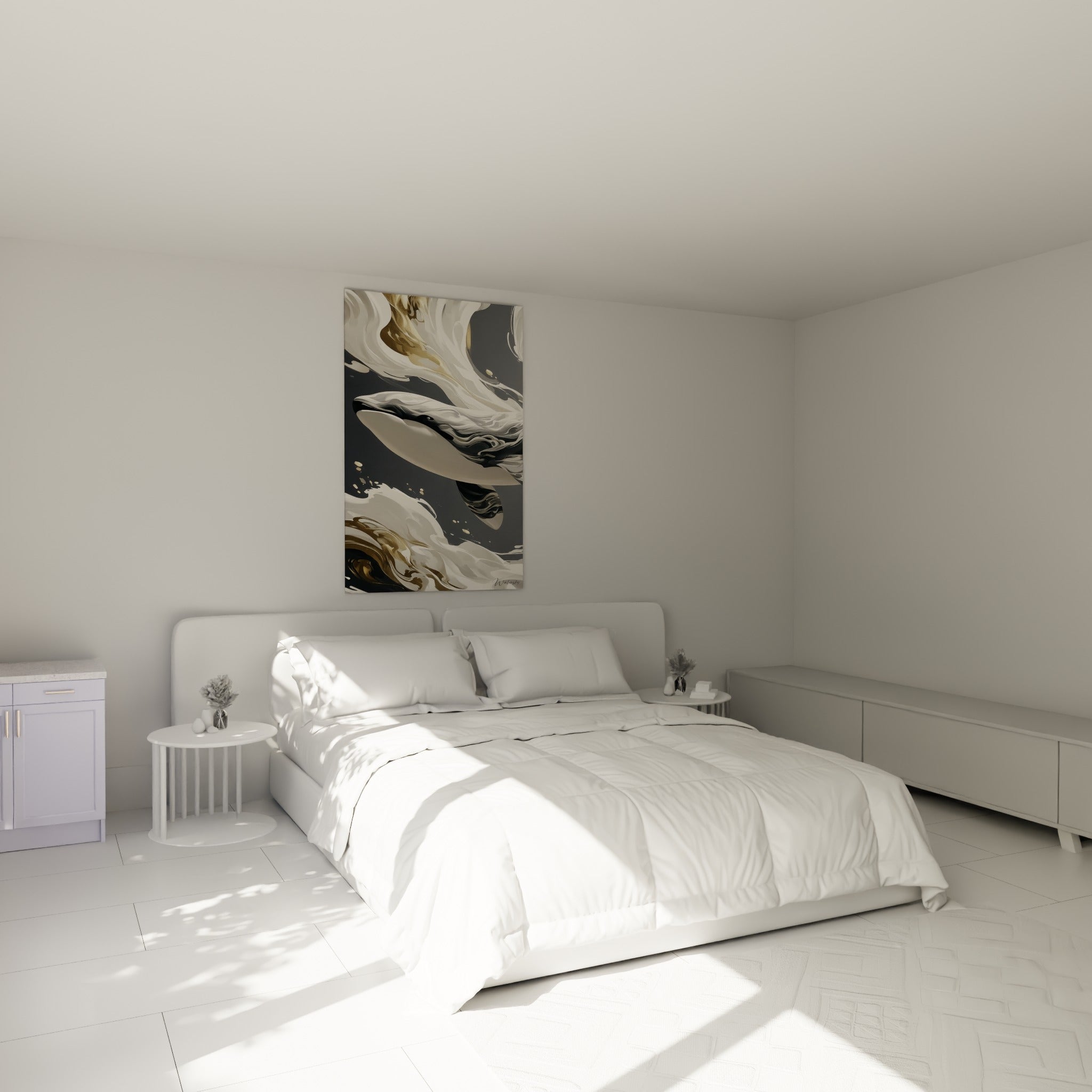 Cétacé aux tons gris et or, corps sculpté par des vagues d'écume, au-dessus d'un lit dans une chambre claire