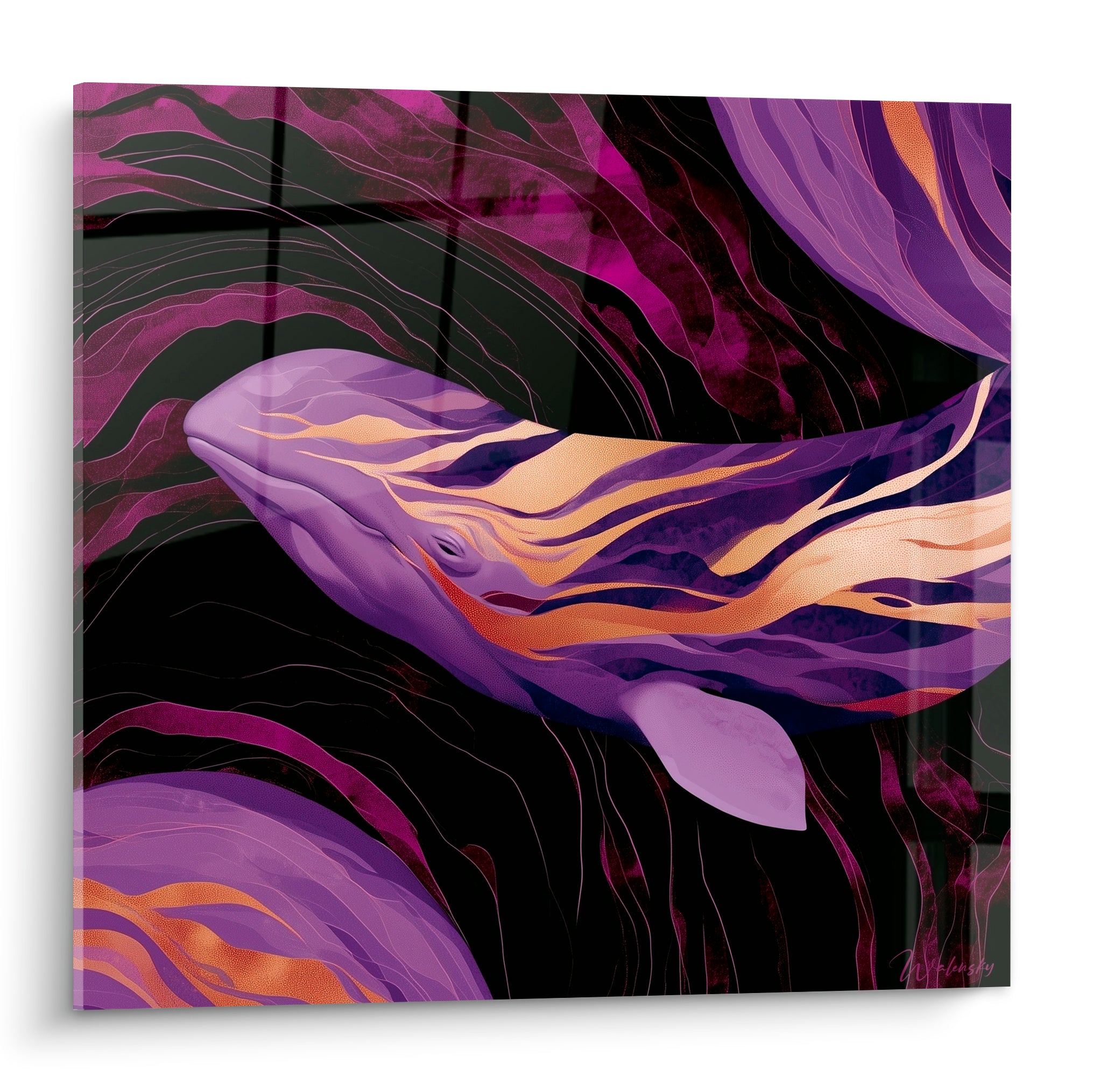 Baleine violette aux veines dorées glissant sur un fond noir strié de magenta profond