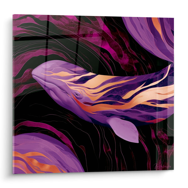 Cuadro Ballena morada y dorada sobre fondo negro - Misterio de las profundidades - Edición Ballena
