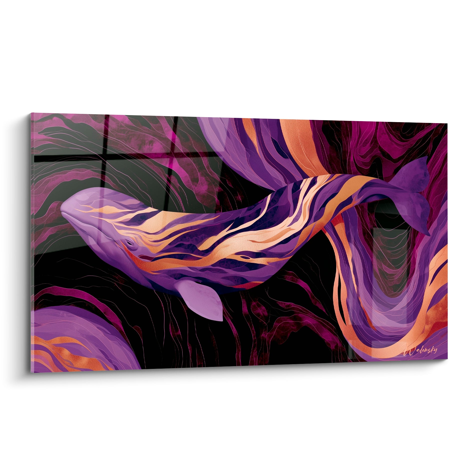 Baleine violette aux striations dorées glissant sur fond marbré anthracite et magenta profond