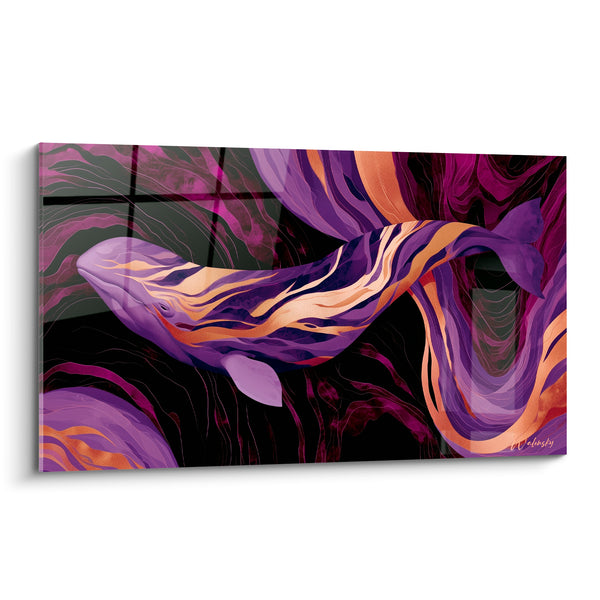 Purple and Gold Whale Painting with Marbled Swirls - Abyssal Drift - Whale Edition