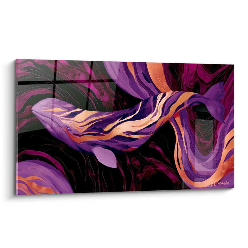 Tableau Baleine violette et dorée aux volutes marbrées - Dérive abyssale - Edition Baleine