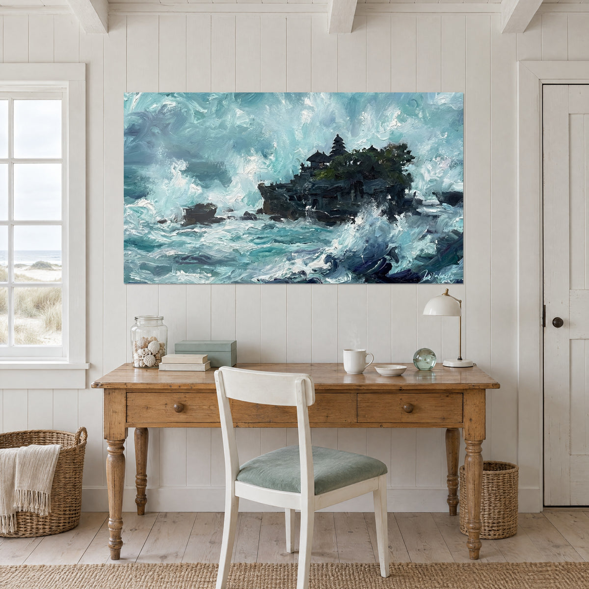Wall art rock crowned by a black sanctuary, petrol blue swell and ivory foam applied with a palette knife, above a light wood desk