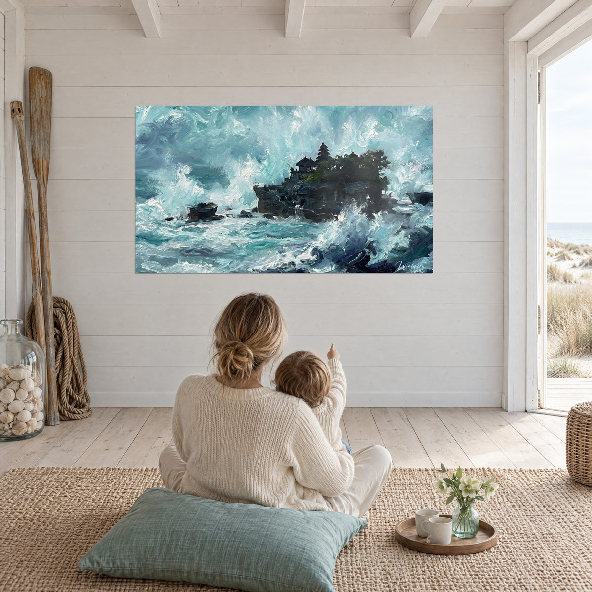 Wall art unleashed ocean against a Bali temple, turquoise and navy blue swirls, on the wall of a seaside living room