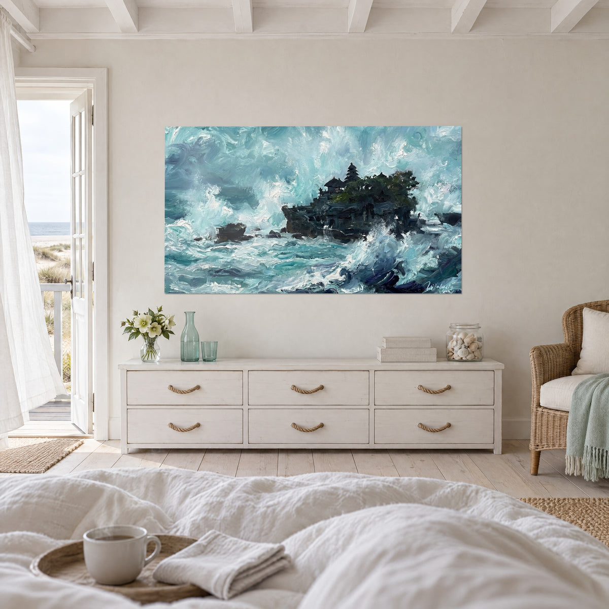 Wall art island place of worship battered by turquoise and white waves, dark green vegetation, above a bed in a light bedroom