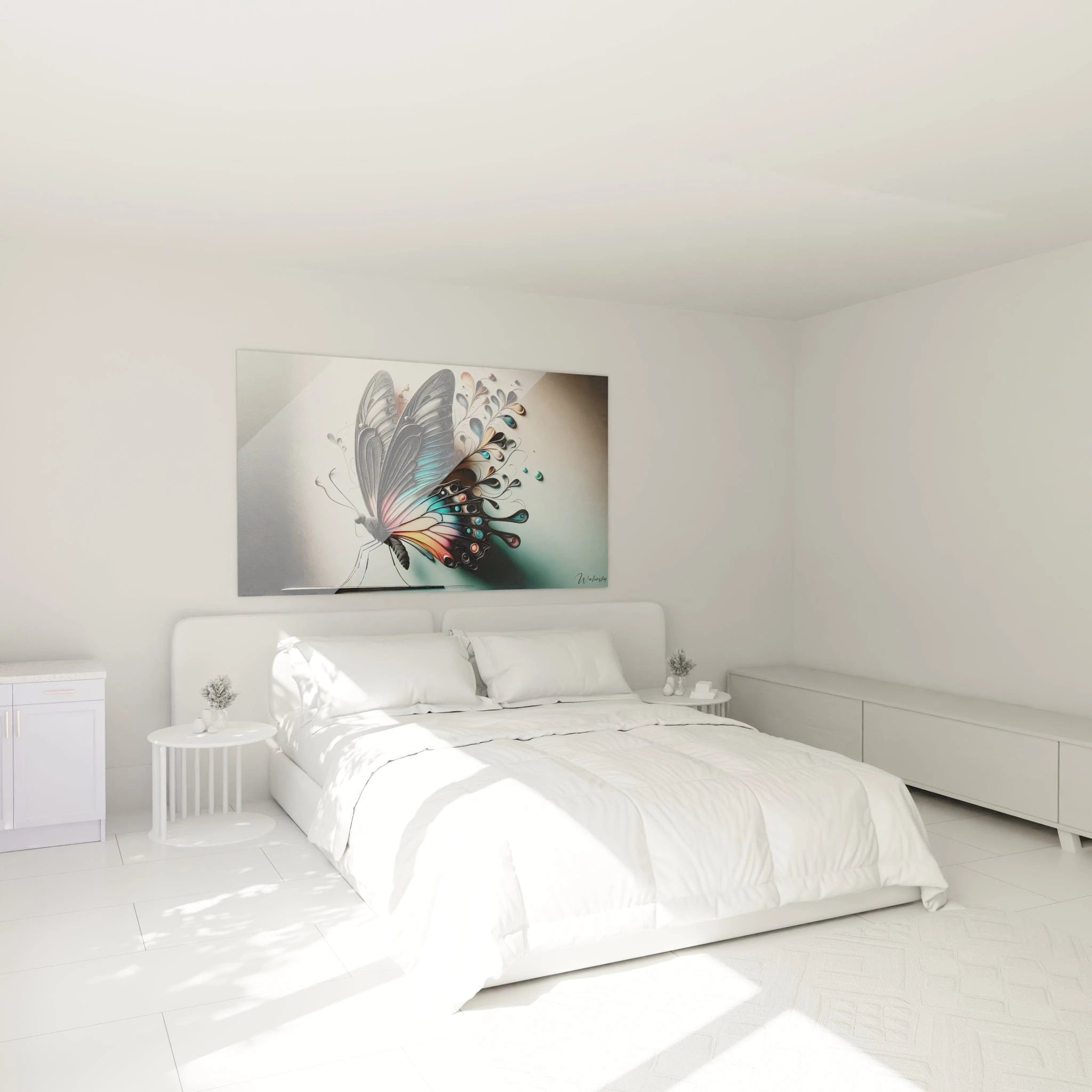Un tableau d'animal figurant un papillon vu de profil avec des ailes élaborées aux motifs abstraits. Les couleurs dominantes sont le noir, le turquoise et des touches de rose et beige. La texture semble composée de fines couches superposées créant un effet tridimensionnel sur fond dégradé.
