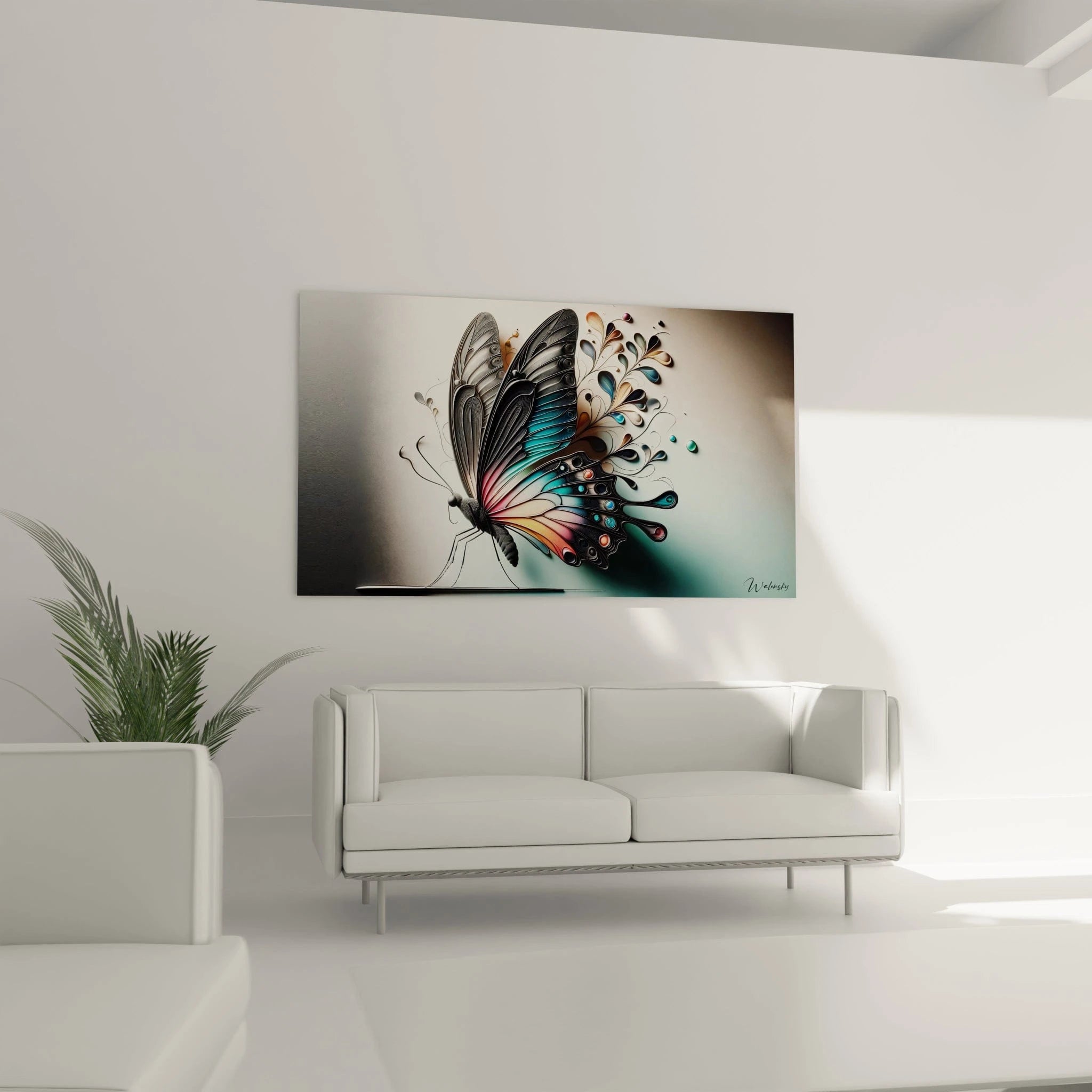 Un tableau d'animal montrant un papillon aux ailes ornées de formes fluides et organiques. Le corps noir contraste avec les ailes multicolores mêlant gris, turquoise, rose et beige. La texture évoque des bandes de papier enroulées et superposées formant des motifs complexes.
