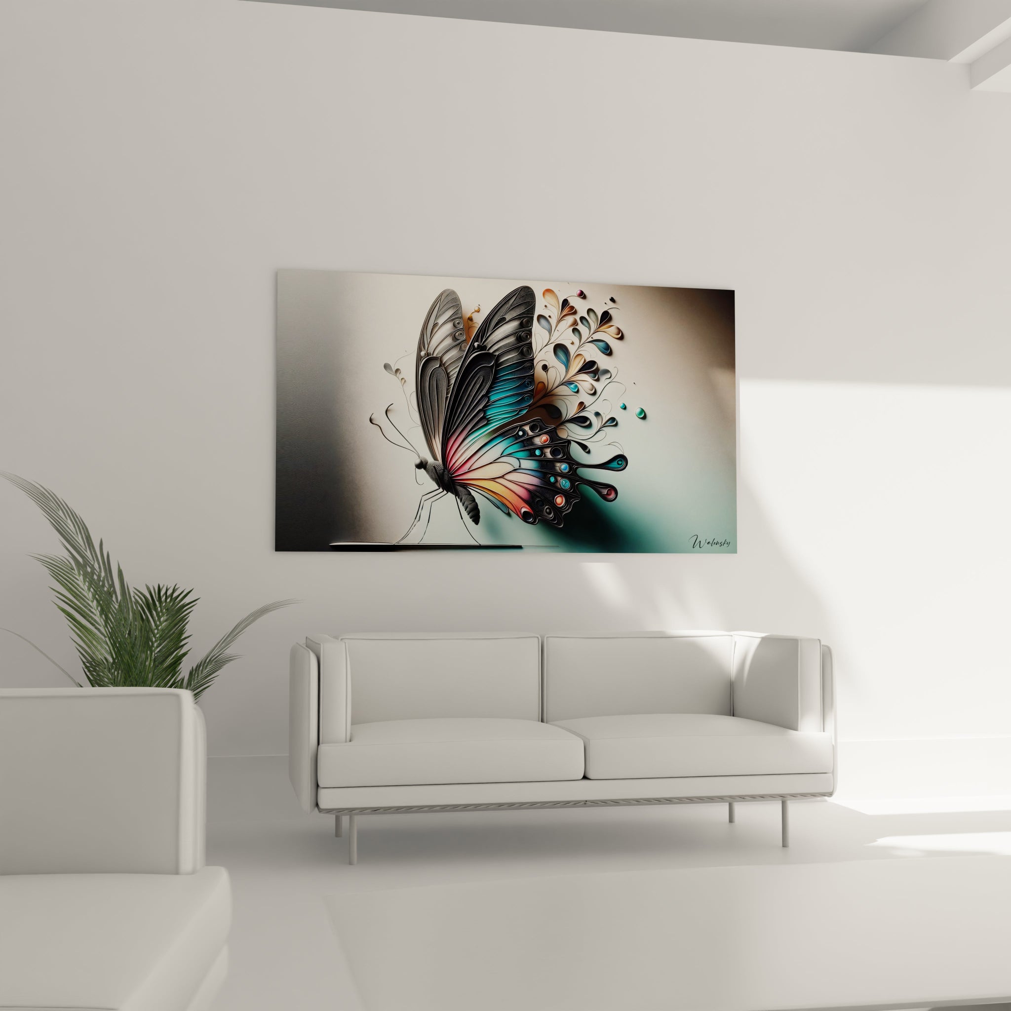 Un tableau d'animal montrant un papillon aux ailes ornées de formes fluides et organiques. Le corps noir contraste avec les ailes multicolores mêlant gris, turquoise, rose et beige. La texture évoque des bandes de papier enroulées et superposées formant des motifs complexes.

