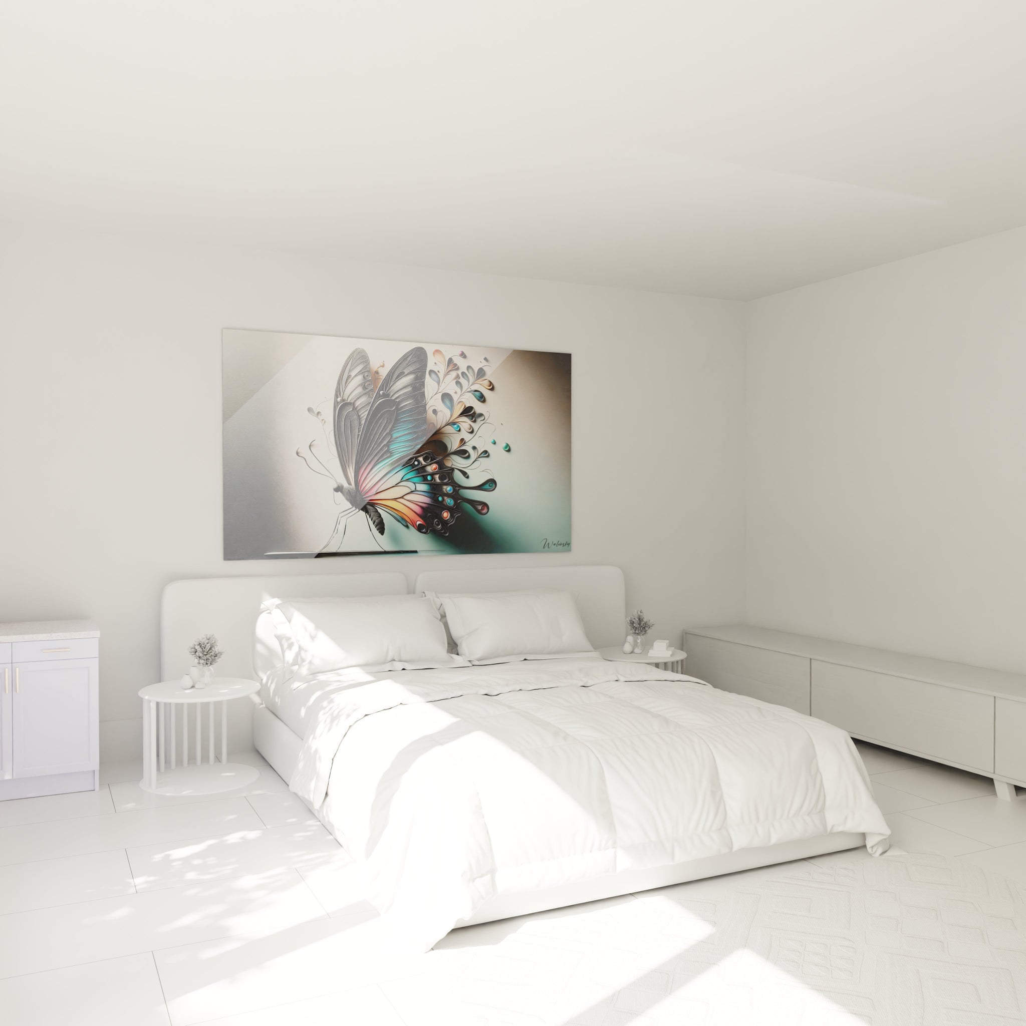 Un tableau d'animal figurant un papillon vu de profil avec des ailes élaborées aux motifs abstraits. Les couleurs dominantes sont le noir, le turquoise et des touches de rose et beige. La texture semble composée de fines couches superposées créant un effet tridimensionnel sur fond dégradé.
